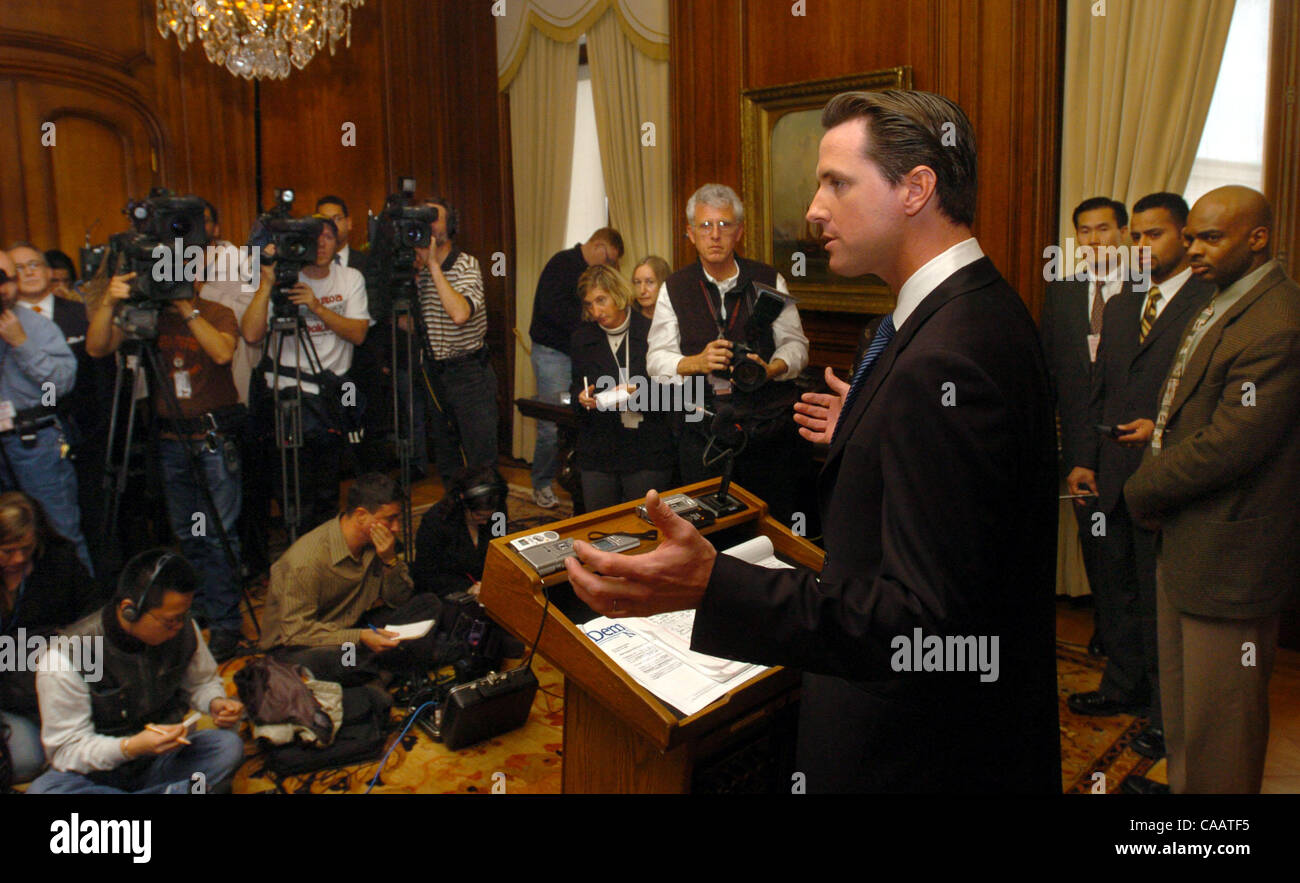 With the room packed with members of the media, San Francisco mayor Gavin Newsome excoriated president Bush during a Feb. 24, 2004 news conference in City Hall.  Newsome was critical of the president for wanting to ammend the constitution to exclude rights for gays.   (Contra Costa Times/Bob Pepping Stock Photo