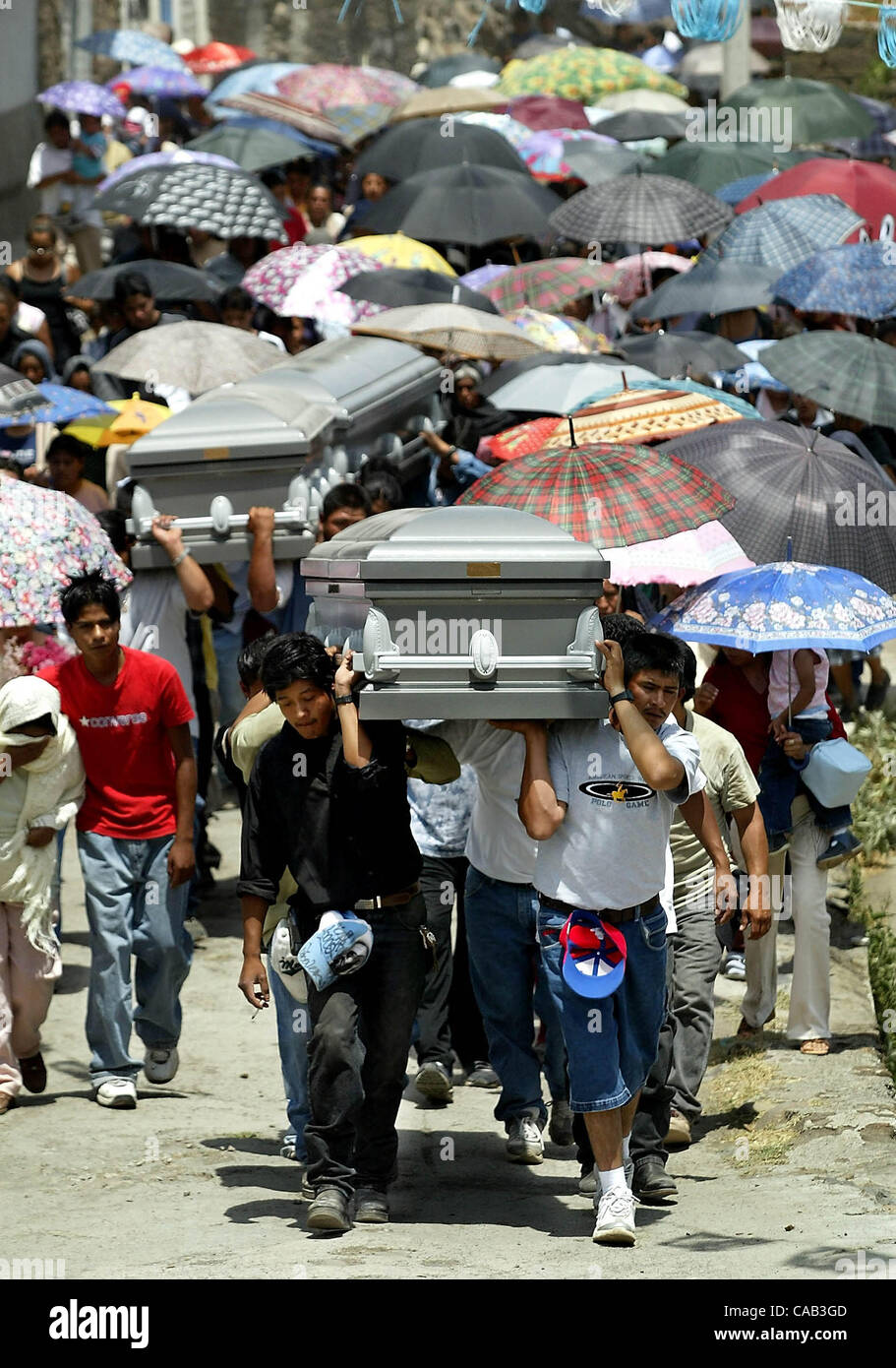 Apr 16, 2004; Valle de Santiago, MEXICO; .Family members carry three  coffins containing Jose Garcia Rico, Juan Garcia Flores and Jose Carlos  Juarez Garcia to the cemetery in San Jeronimo, Mexico. The