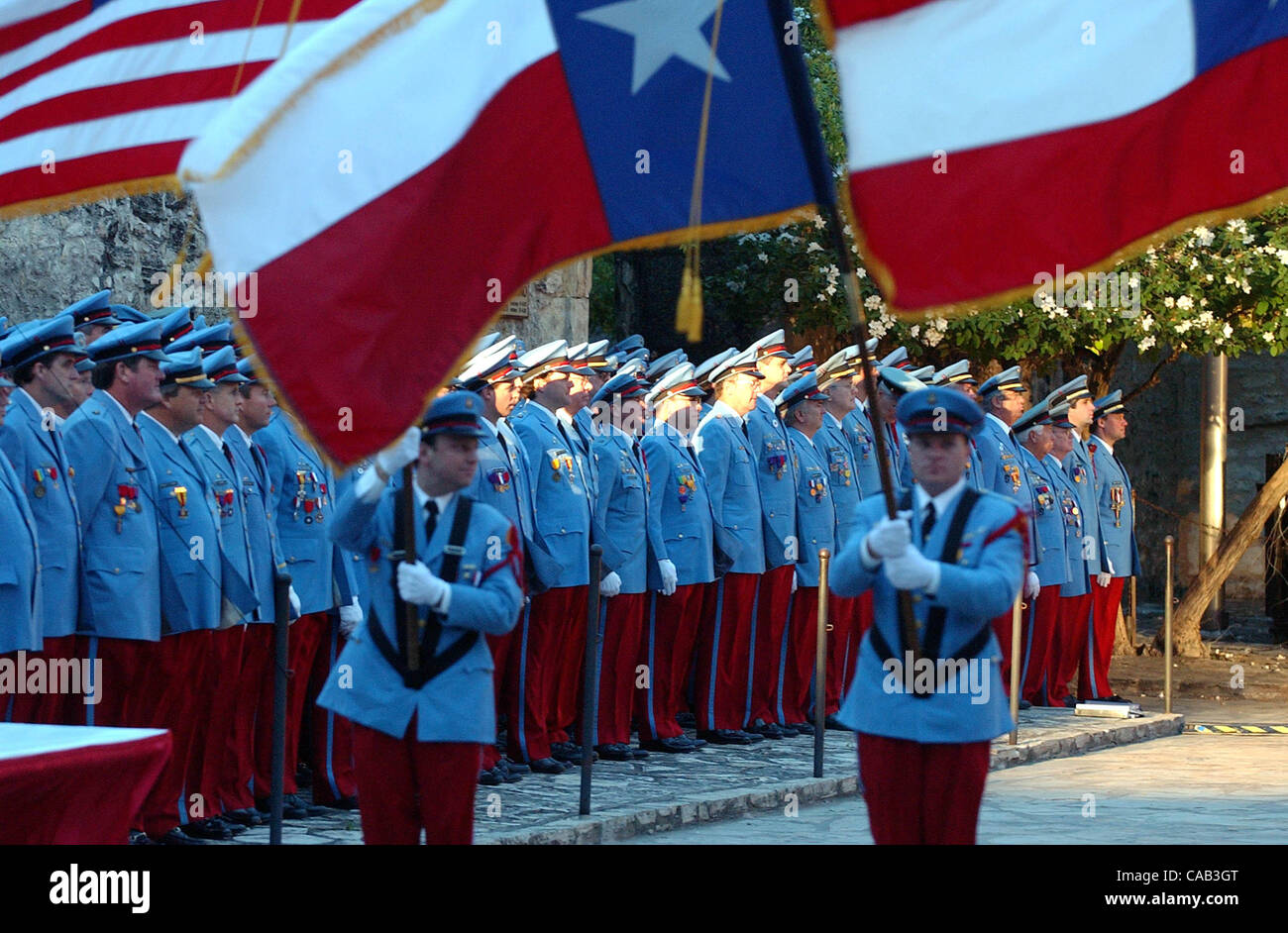 METRO Texas Cavaliers stand in formation during ceremonies for the investiture of King Antonio Saturday at the Alamo.   INVESTITURE OF KING ANTONIO AT THE ALAMO     SAM BELL STEVES II   TOM REEL/STAFF   APRIL 17, 2004. Stock Photo