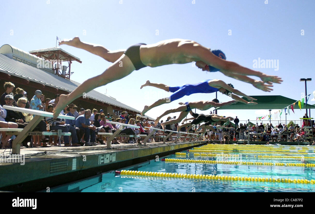 Bryce Walker (cq) of Clayton Valley High School starts the mens 200 yard individual at the  Bay Valley Athletic swim championships at the Brentwood Aquatic Center in Brentwood, Calif., Saturday, May 8, 2004. (Sherry LaVars/Contra Costa Times) Stock Photo