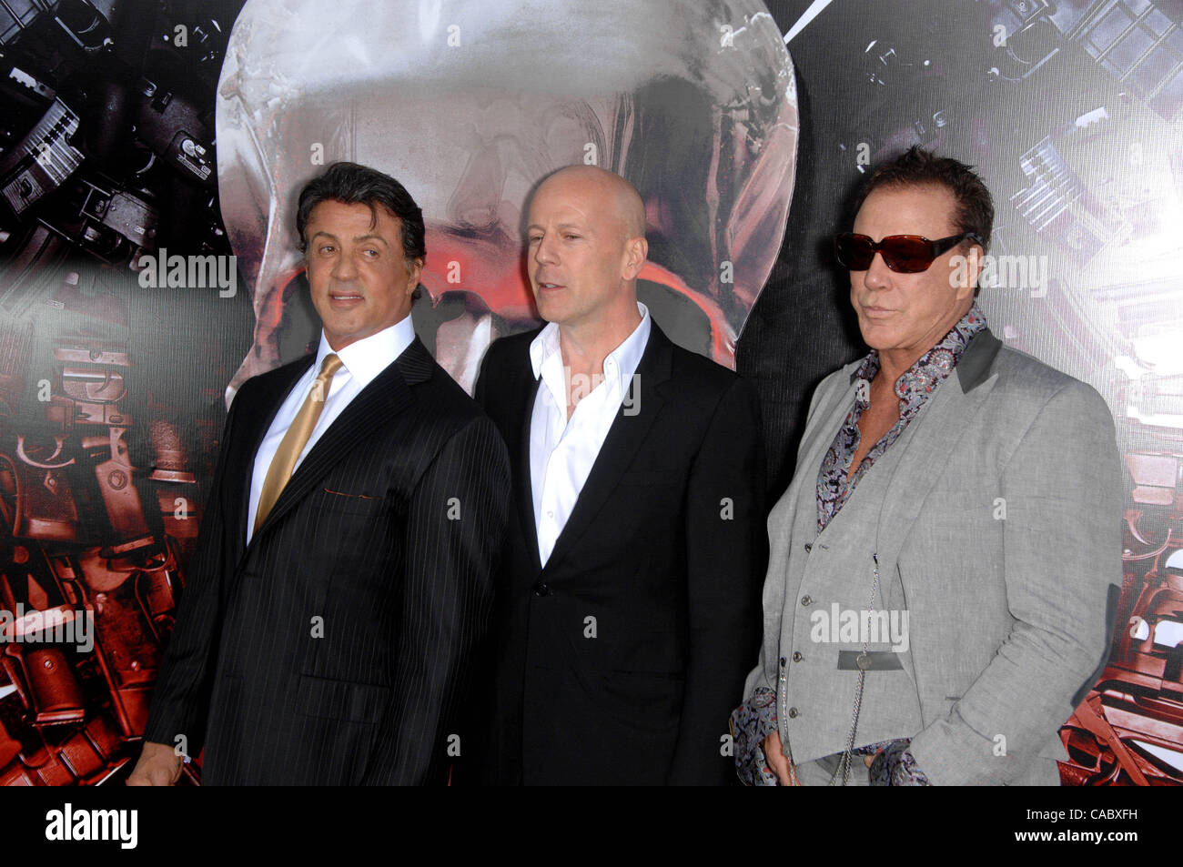 Aug. 03, 2010 - Hollywood, California, U.S. - Sylvester Stallone, Bruce Willis and Mickey Rourke during the premiere of the new movie from Lionsgate THE EXPENDABLES, held at Grauman's Chinese Theatre, on August 3, 2010, in Los Angeles.. 2010.K65443MGE(Credit Image: Â© Michael Germana/Globe Photos/ZU Stock Photo