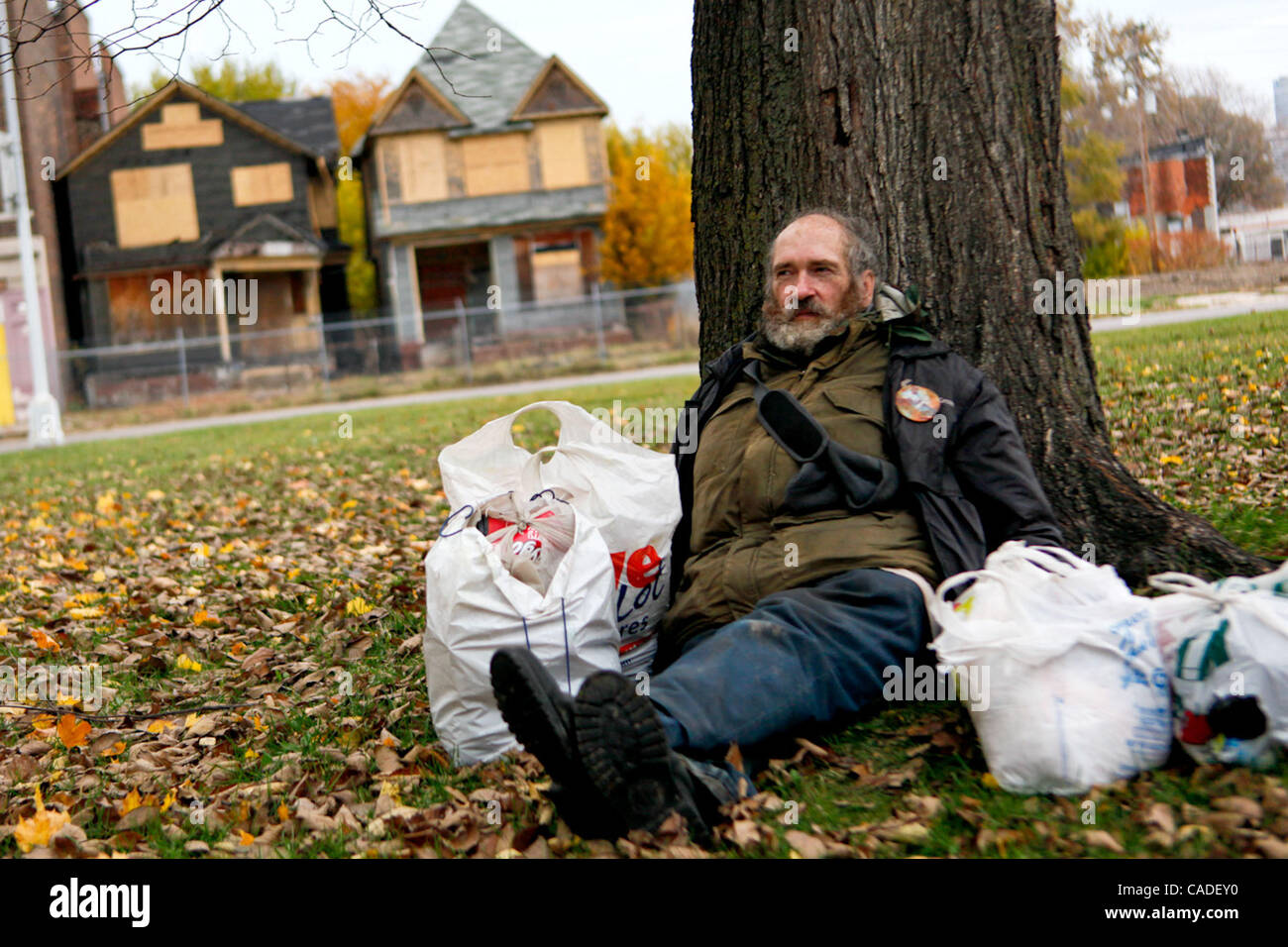 Sept 25, 2010 - Detroit, Michigan, U.S. - With his belongings by his side, Joseph sits in a park downtown. In the 1950's Detroit was the 5th most populated city in the United States, since then it has been falling down the ranks, in 2008 Detroit became 11th most populated city. Of the nearly 400,000 Stock Photo