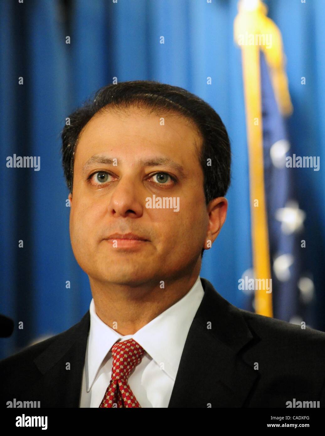 Aug. 10, 2010 - Manhattan, New York, U.S. - United State Attorney for the Southern District of New York PREET BHARARA announces the unsealing of federal charges against 11 defendants for allegedly operating a fraud and bribery scheme through which they obtained millions of dollars in public funds in Stock Photo