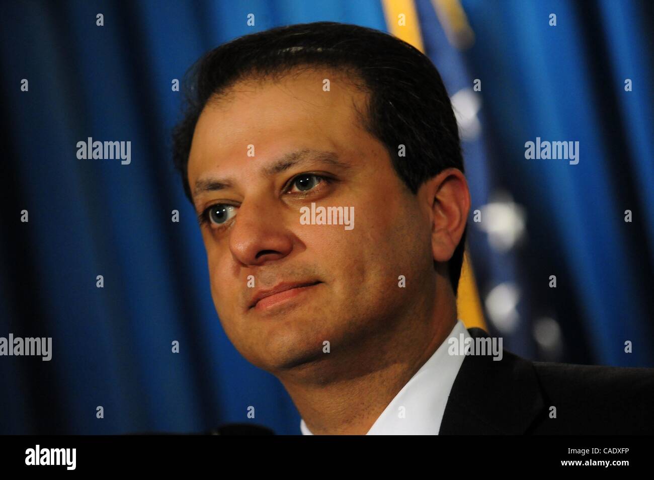 Aug. 10, 2010 - Manhattan, New York, U.S. - United State Attorney for the Southern District of New York PREET BHARARA announces the unsealing of federal charges against 11 defendants for allegedly operating a fraud and bribery scheme through which they obtained millions of dollars in public funds in Stock Photo