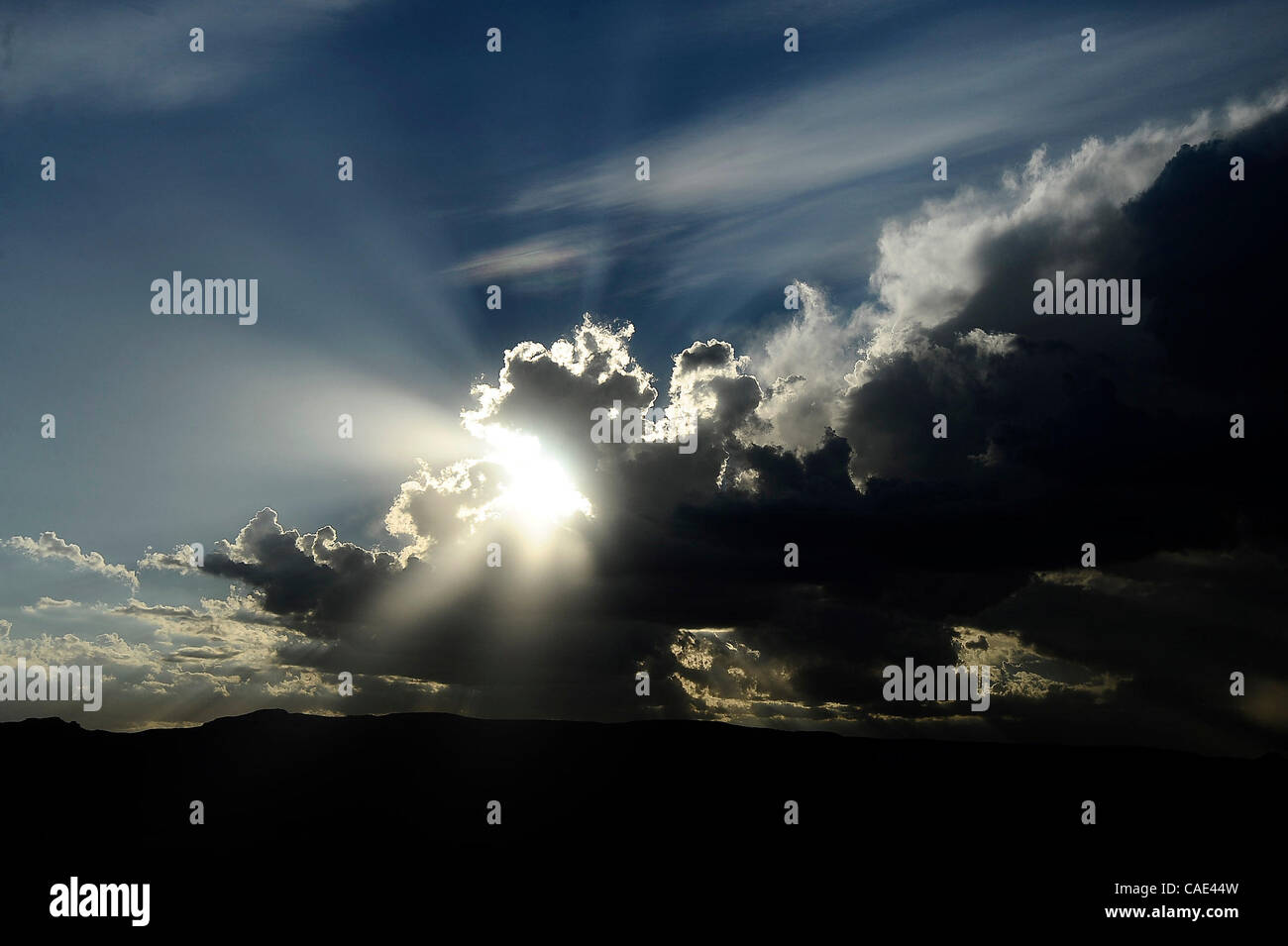 Aug 1718 Searchlight, Nevada, USA. Monsoon clouds cross over the town
