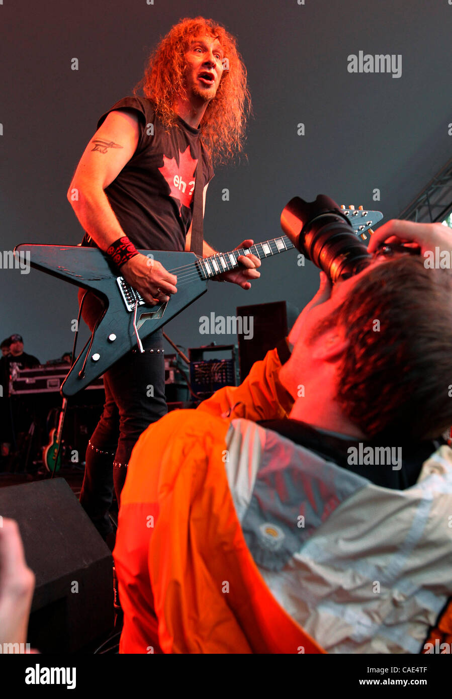 Sept. 06, 2010 - Seattle, Washington, U.S. - ANVIL lead guitarist and singer STEVE KUDLOW performs on the Center Square Stage during the third and final night of the 40th annual Bumbershoot Music and Arts Festival in Seattle, Washington. Anvil is one of more than 200 international artists performing Stock Photo