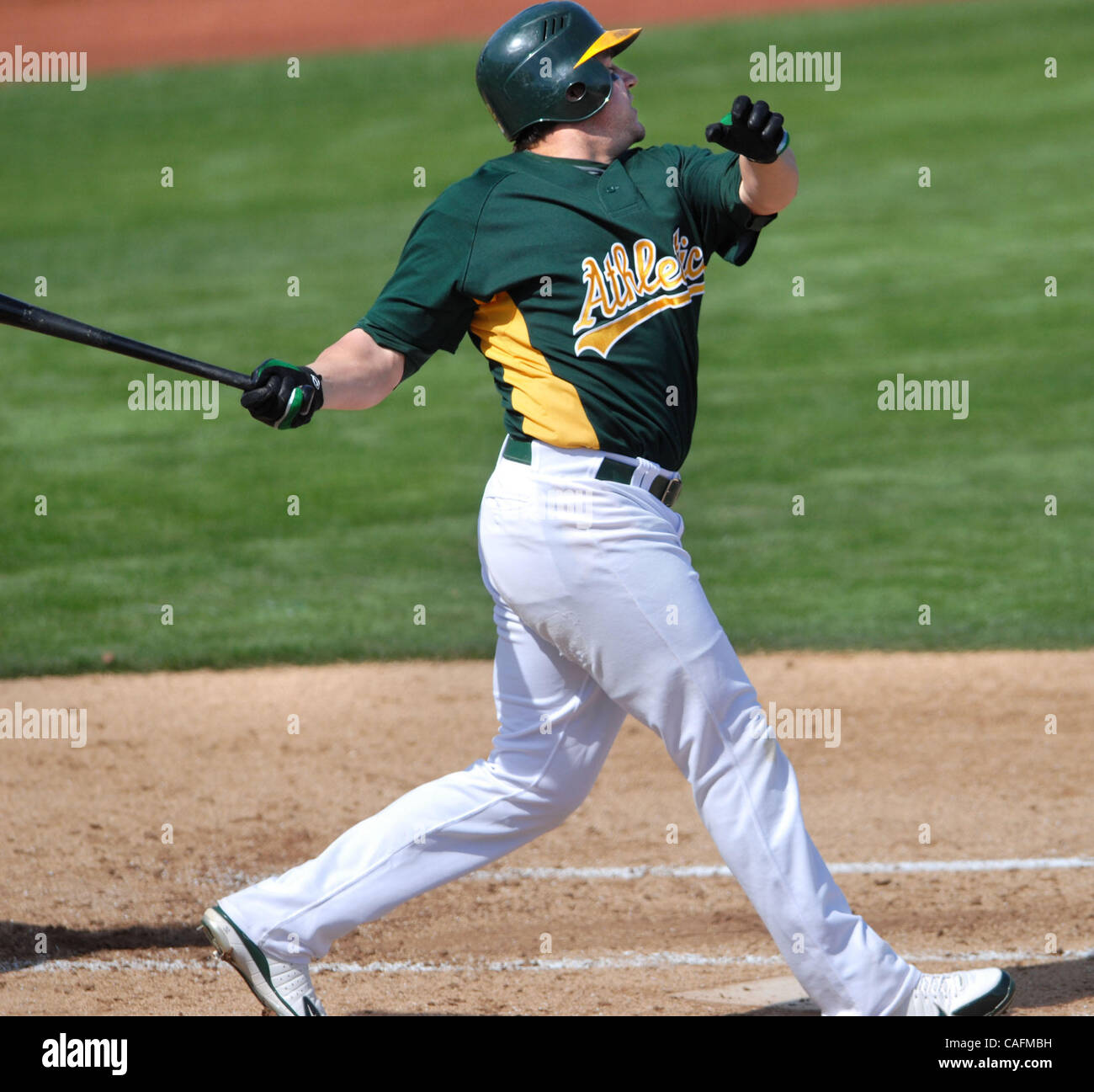 Oakland Athletics left fielder Jack Cust connects for a grand slam in