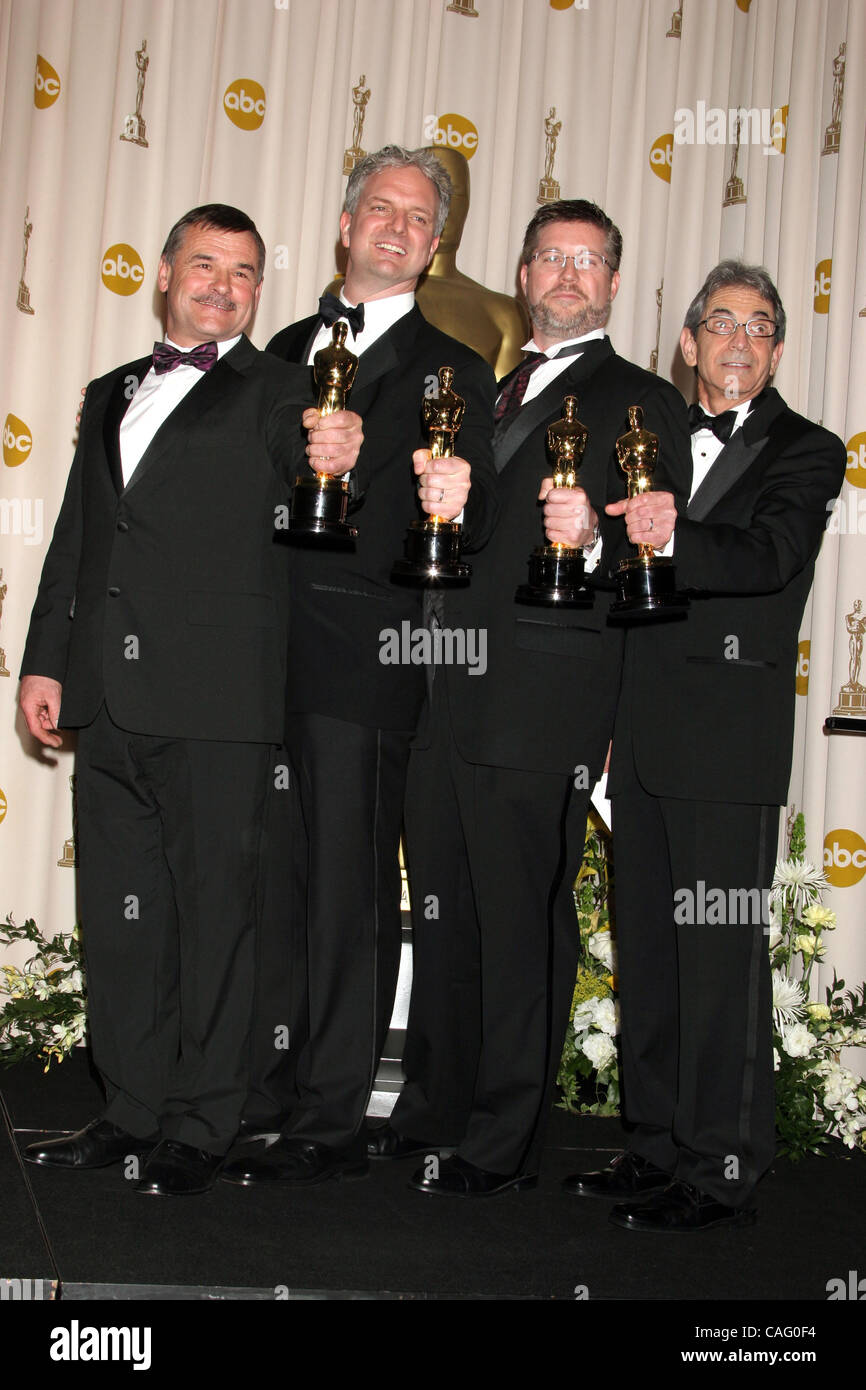 Feb 24, 2008 - Los Angeles, California, USA - MICHAEL FINK, BILL WESTENHOFER, BEN MORRIS and TREVOR WOOD. Achievement in Visual effects for 'The Golden Compass' in the pressroom at the 80th Annual Academy Awards held at the Kodak Theatre in Hollywood.  (Credit Image: © Paul Fenton/ZUMA Press) Stock Photo