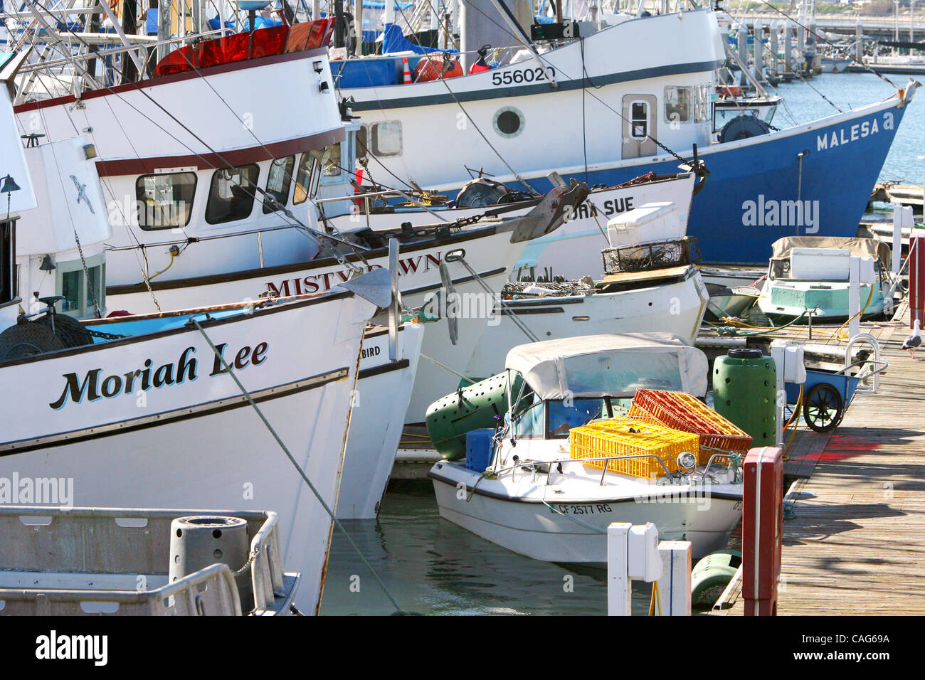 Large commercial fishing boats docked at Pillar Point Harbor , in