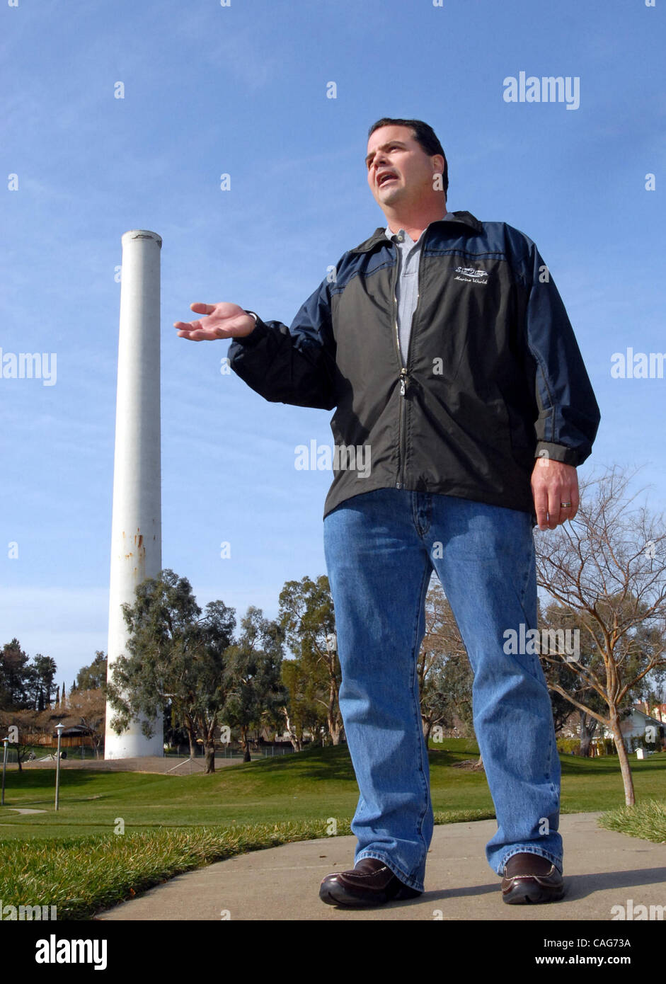 Crossings resident Lorne Thompson photographed during an interview Wednesday, Feb. 13, 2008, near the smokestack in his Concord, Calif., neighborhood.  The city wants area residents to fix the historic structure but doesn't want to pay for it.  (Bob Pepping/Contra Costa Times) Stock Photo