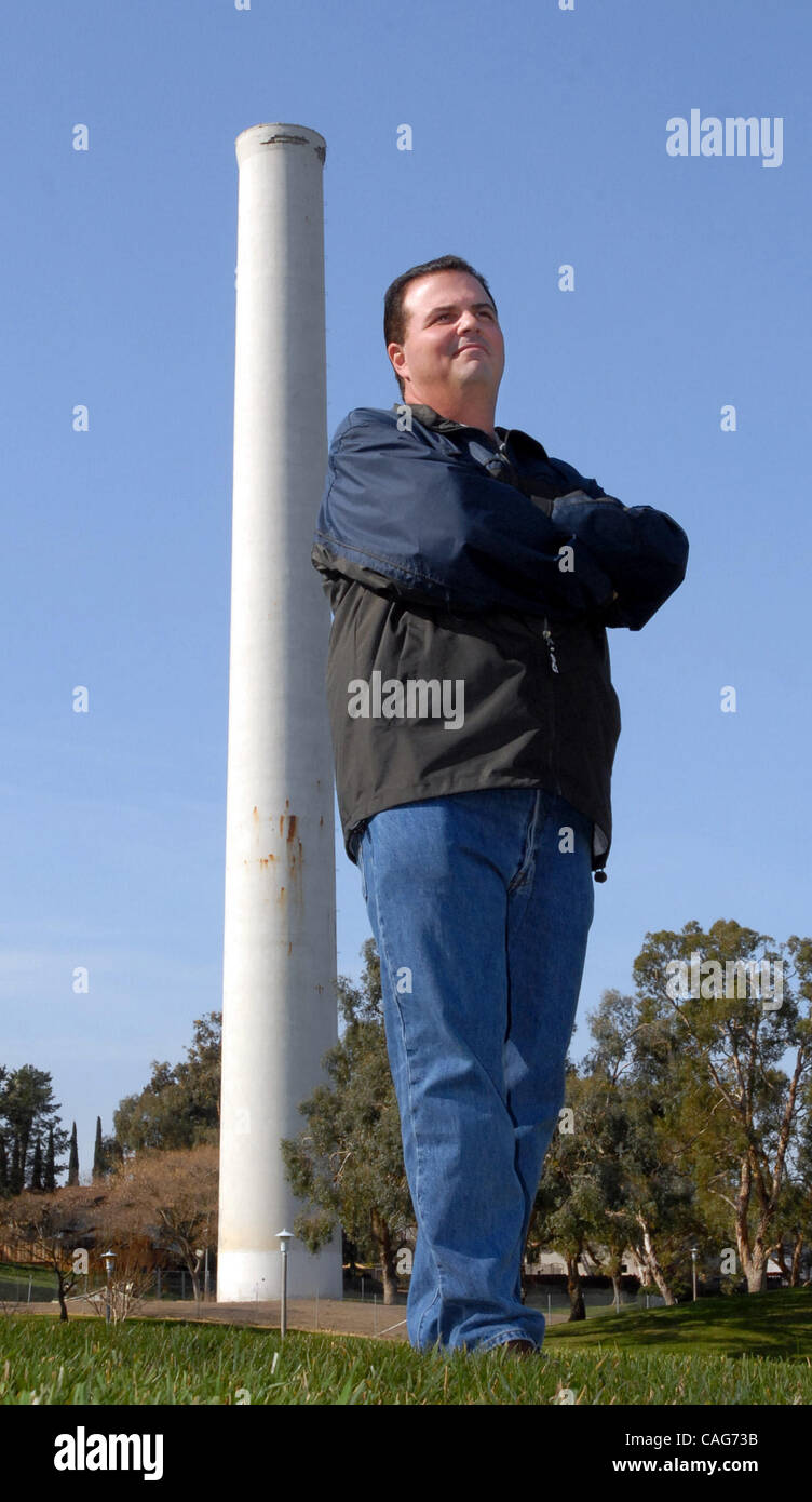 Crossings resident Lorne Thompson photographed Wednesday, Feb. 13, 2008, near the smokestack in his Concord, Calif., neighborhood.  The city wants area residents to fix the historic structure but doesn't want to pay for it.  (Bob Pepping/Contra Costa Times) Stock Photo
