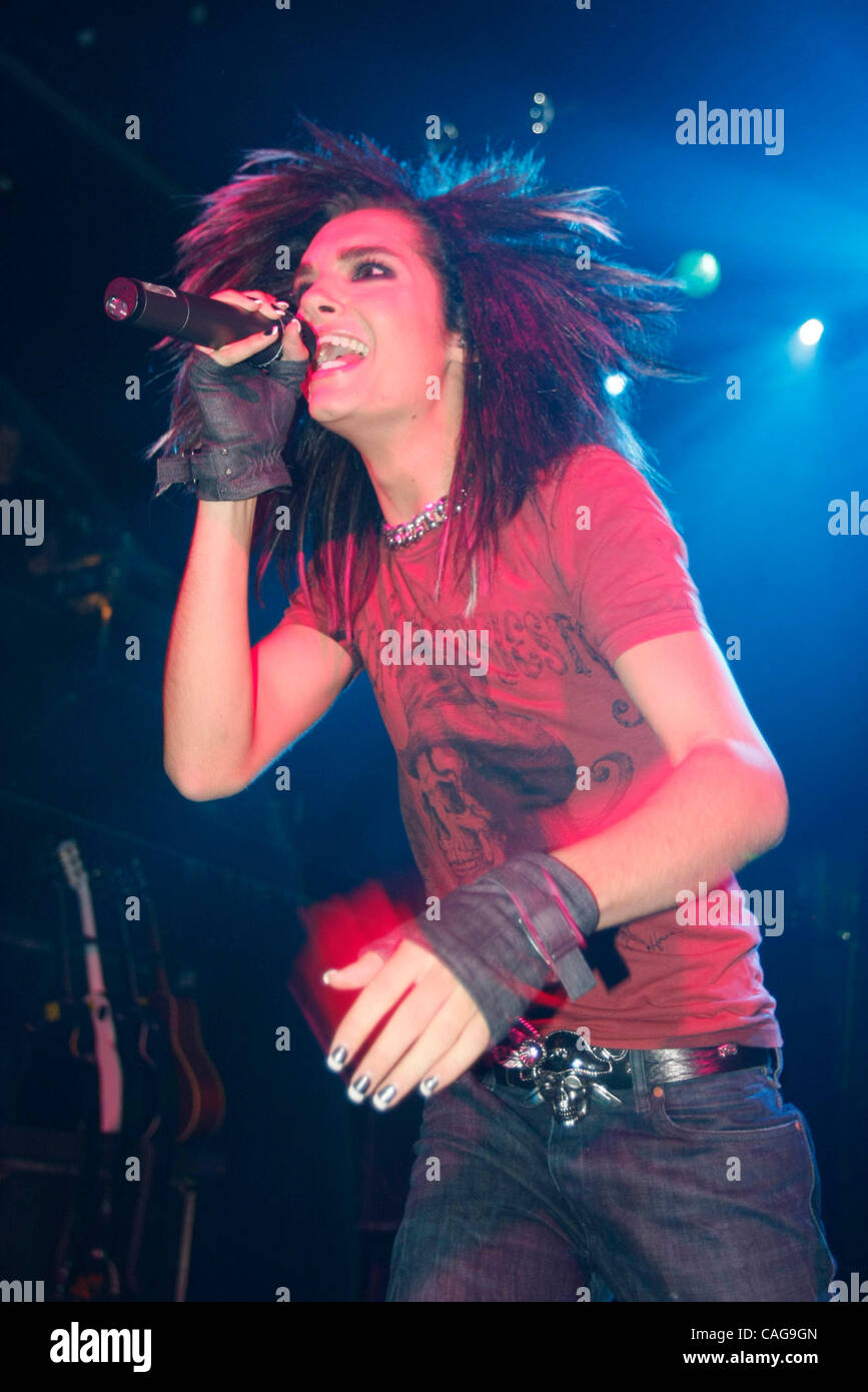 Tokio Hotel performing at The Fillmore at Irving Plaza on February 18,  2008. Bill Kaulitz- lead vocals - (black hair) Tom Kaulitz - lead guitar  (dreads) Georg Listing- bass (long straight brown