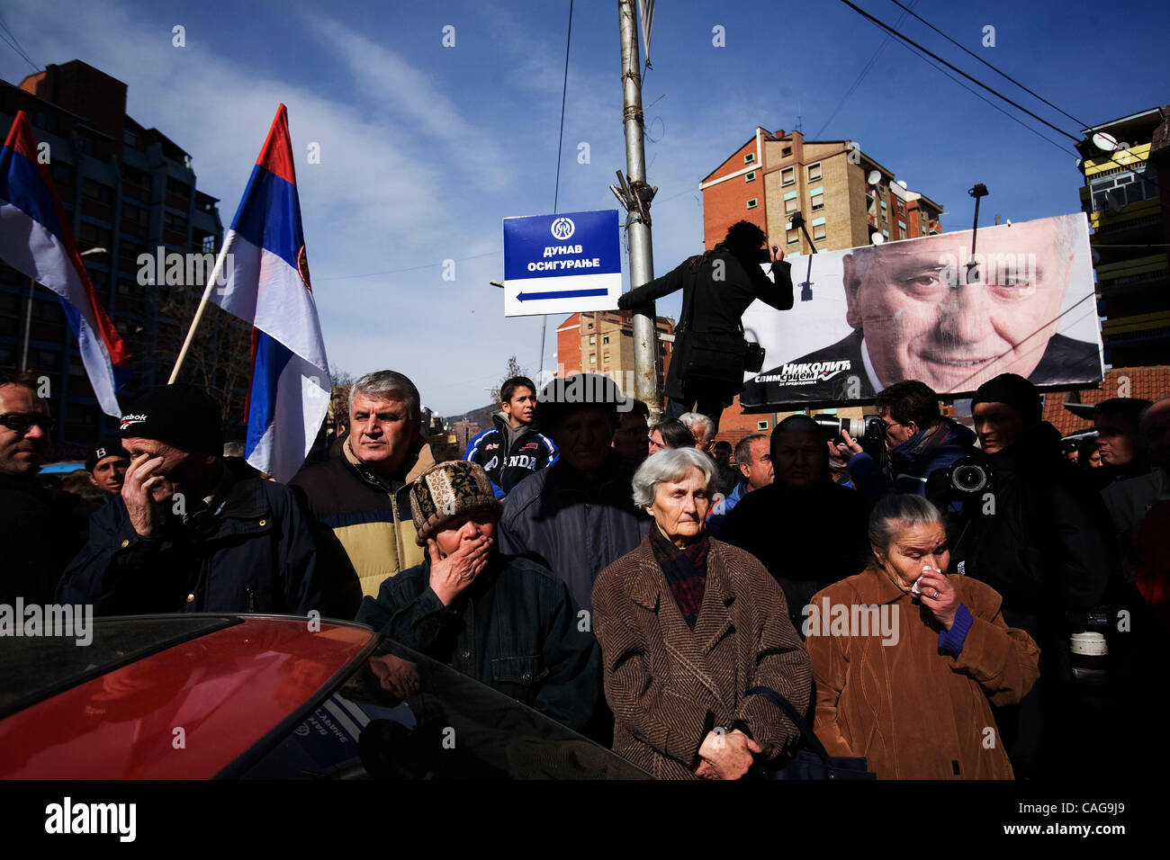Feb 18, 2008 - Mitrovica, Kosovo - Elderly Serbians cry at Serbians'  protest against the independence of Kosovo and international recognition of the new nation in the north side of Mitrovica. The Kosovo Serbs set off sporadic explosions and torched a checkpoint between Serbia and Kosovo to symboliz Stock Photo