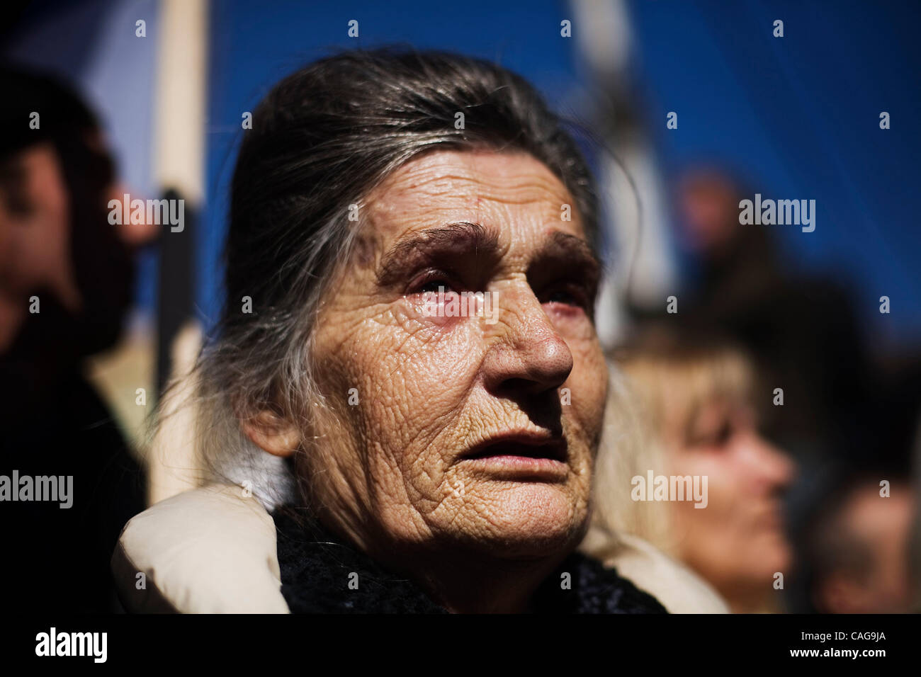 Feb 18, 2008 - Mitrovica, Kosovo - A Serbian woman cries as Serbians' protest against the independence of Kosovo and international recognition of the new nation in the north side of Mitrovica. The Kosovo Serbs set off sporadic explosions and torched a checkpoint between Serbia and Kosovo to symboliz Stock Photo