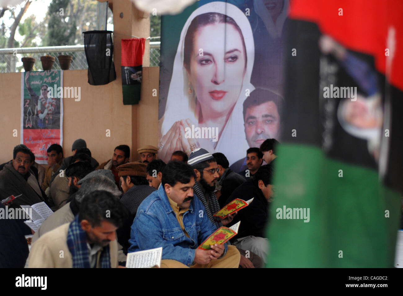 Feb 07, 2008 - Rawalpindi, Pakistan - Hundreds of Pakistanis remember former prime minister Benazir Bhutto at the spot she was assassinated by suicide bombing in late December. Bhutto's party, the Pakistan People's Party, is now headed by her widower, Asif Ali Zardari, and son Bilal. (Credit Image:  Stock Photo