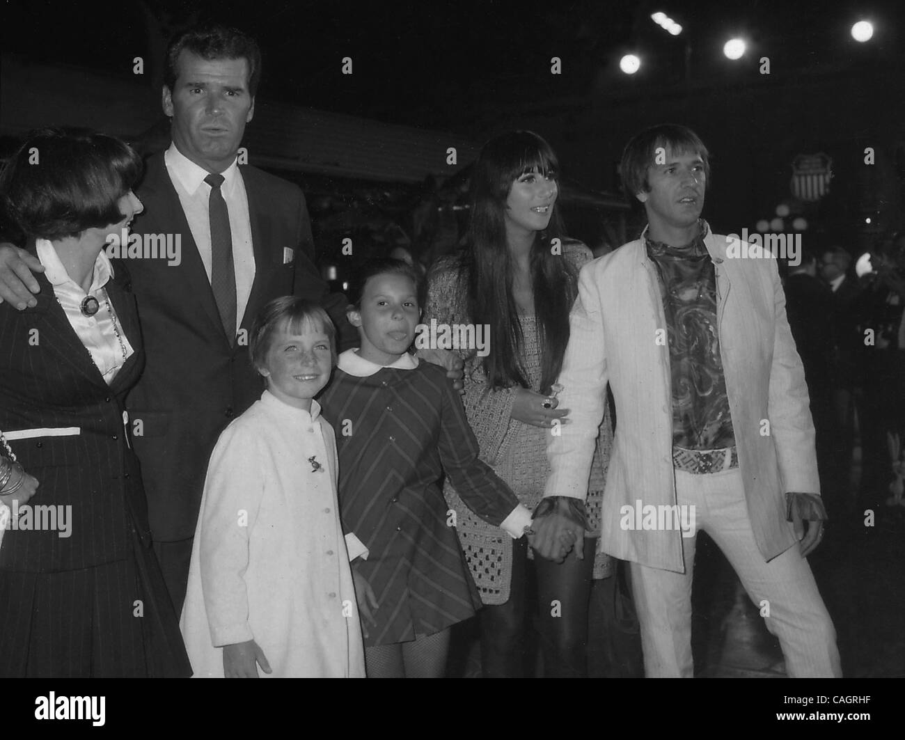 Feb. 4, 2008 - Hollywood, California, U.S. - # 5172.JAMES GARNER WITH HIS  WIFE LOIS CLARK , TWO DAUGHERS KIMBERLY GARNER , GRETTA SCOTT GARNER ,  SONNY BONO AND CHER.JUNGLE BOOK PREMIERE