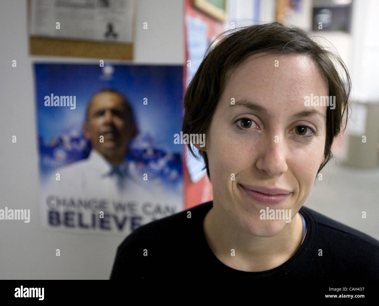 Maggie Fleming, 28, has been volunteering for the Barack Obama campaign since August 2007, and now she is putting in tireless hours in the campaign office in Oakland, Calif., as the primary is coming to California next Tuesday.  (Alison Yin/Oakland Tribune) Stock Photo