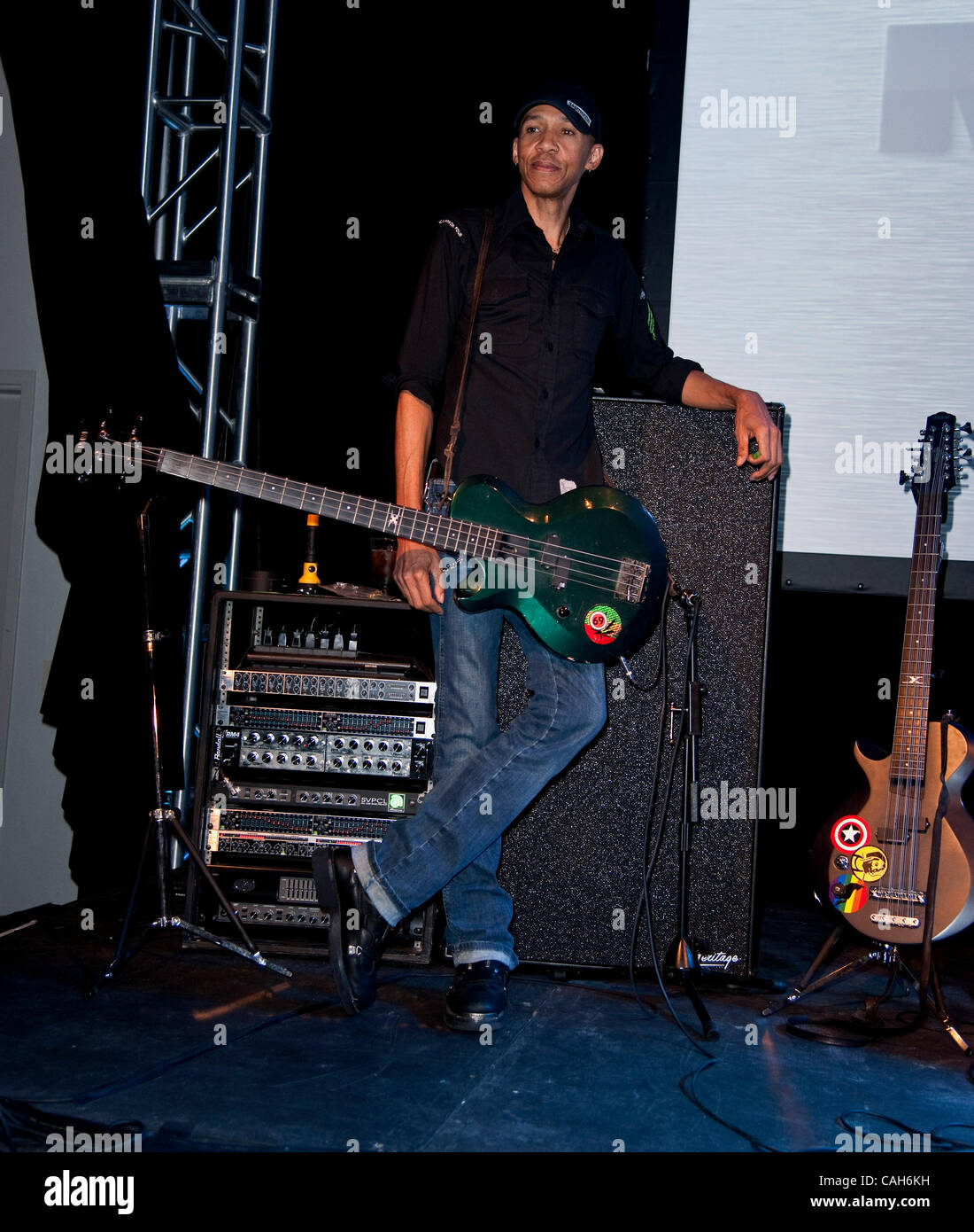 Jan. 14, 2011 - Anaheim, California, USA -  DOUG PINNICK of King's X on the Ampeg Stage during the NAMM Show 2011, the annual convention of the National Association of Music Merchants at the Anaheim Convention Center.(Credit Image: © Brian Cahn/ZUMAPRESS.com) Stock Photo
