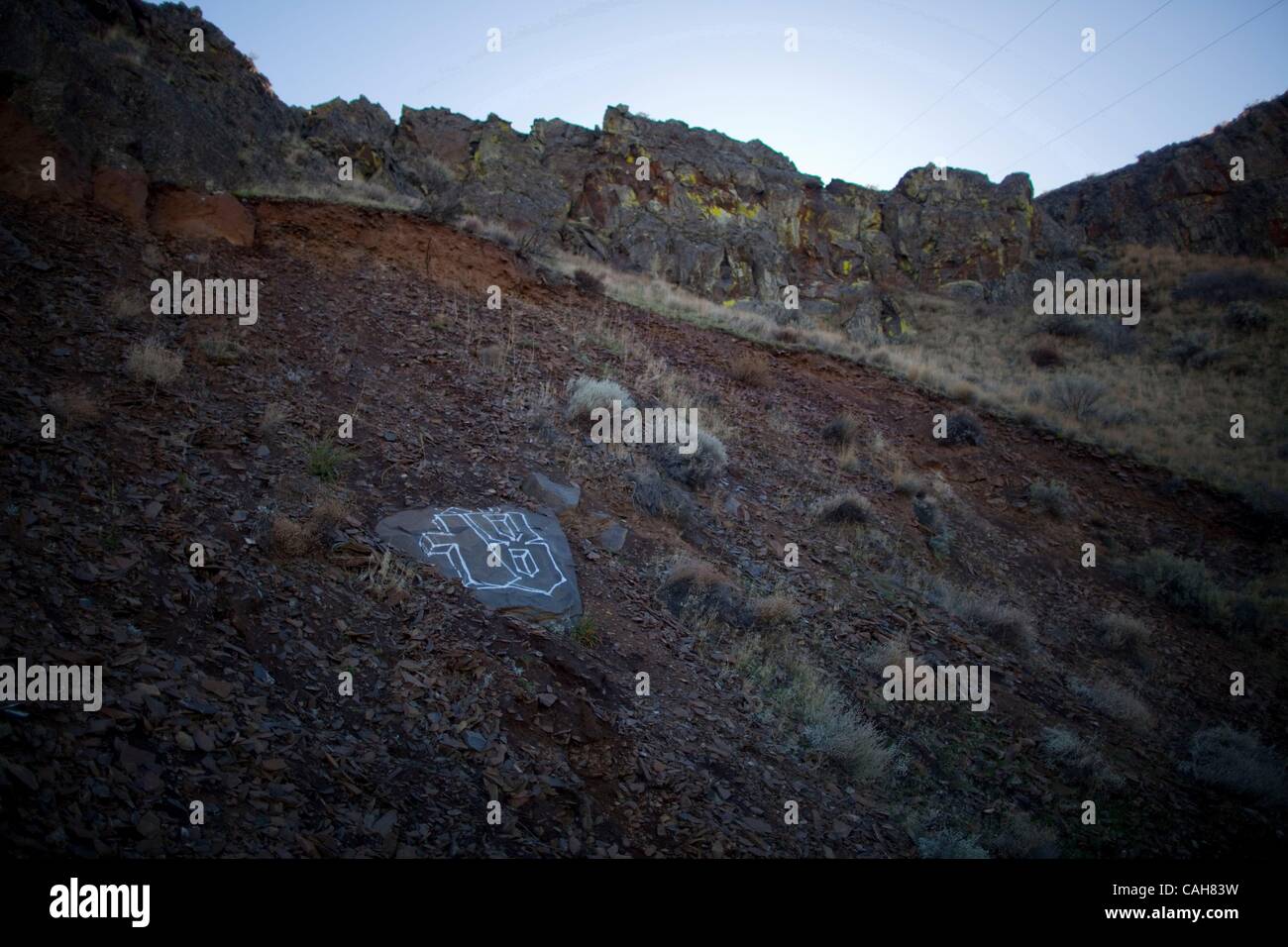 Nov. 02, 2010 - Vantage, Washington, U.S. - The number 18 is spray-painted onto a rock near Vantage. 18 represents 18th Street gang, a rival gang to the Marijuanos and the ones responsible for a recent slaying of a Marijuanos gang member. (Credit Image: &#169; Mike Kane/ZUMAPRESS.com) Stock Photo