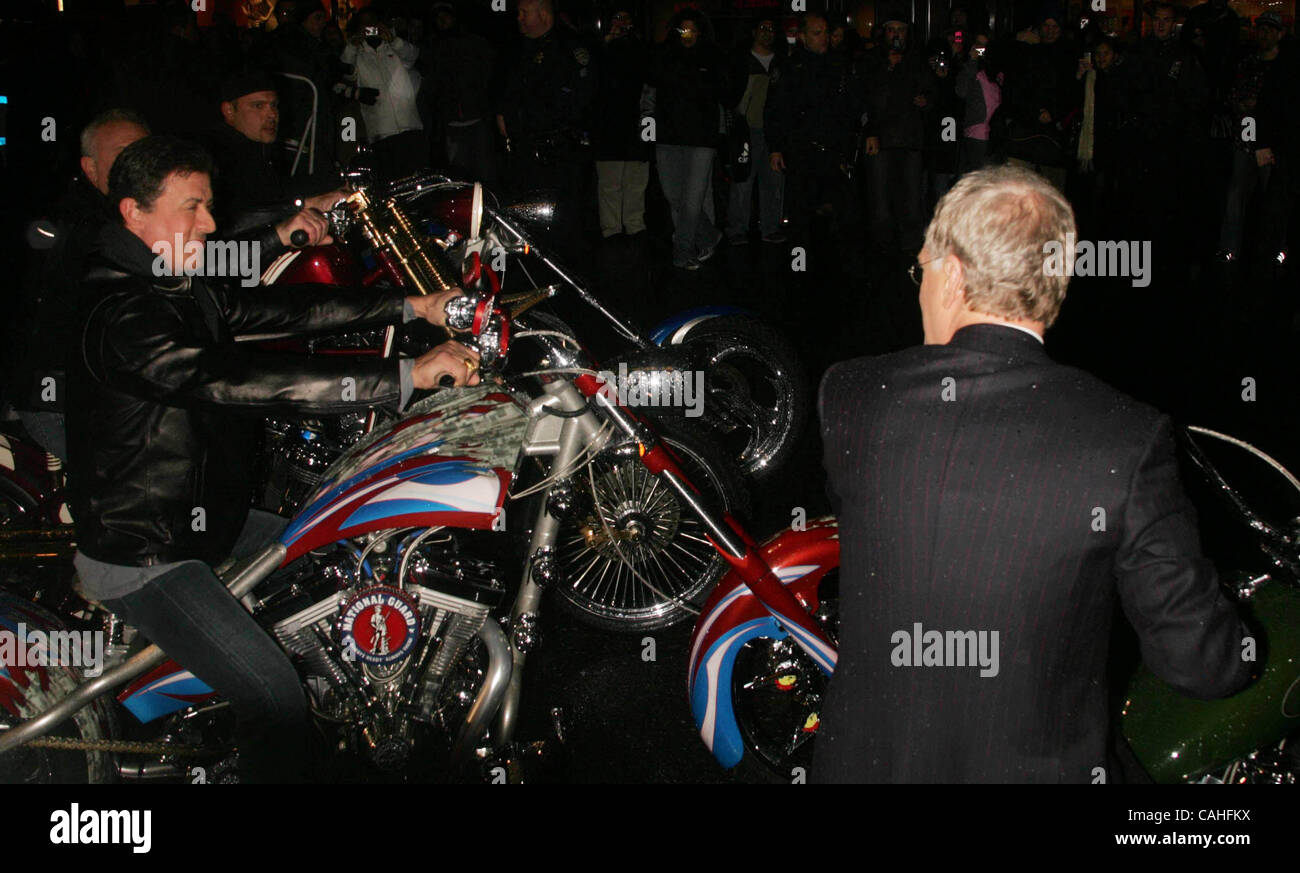 Jan. 17, 2008 - New York, New York, U.S. - DAVID LETTERMAN DEPARTS THE LATE SHOW ON A MOTORCYCLE ALONG WITH  BRUCE WILLIS, THE TEUTULS (FROM ''AMERICAN CHOPPER'' AND SYLVESTER STALLONE.ED SULLIVAN THEATRE     01-17-2008.       2008.DAVID LETTERMAN  AND SYLVESTER STALLONE..K56316RM(Credit Image: Â© R Stock Photo