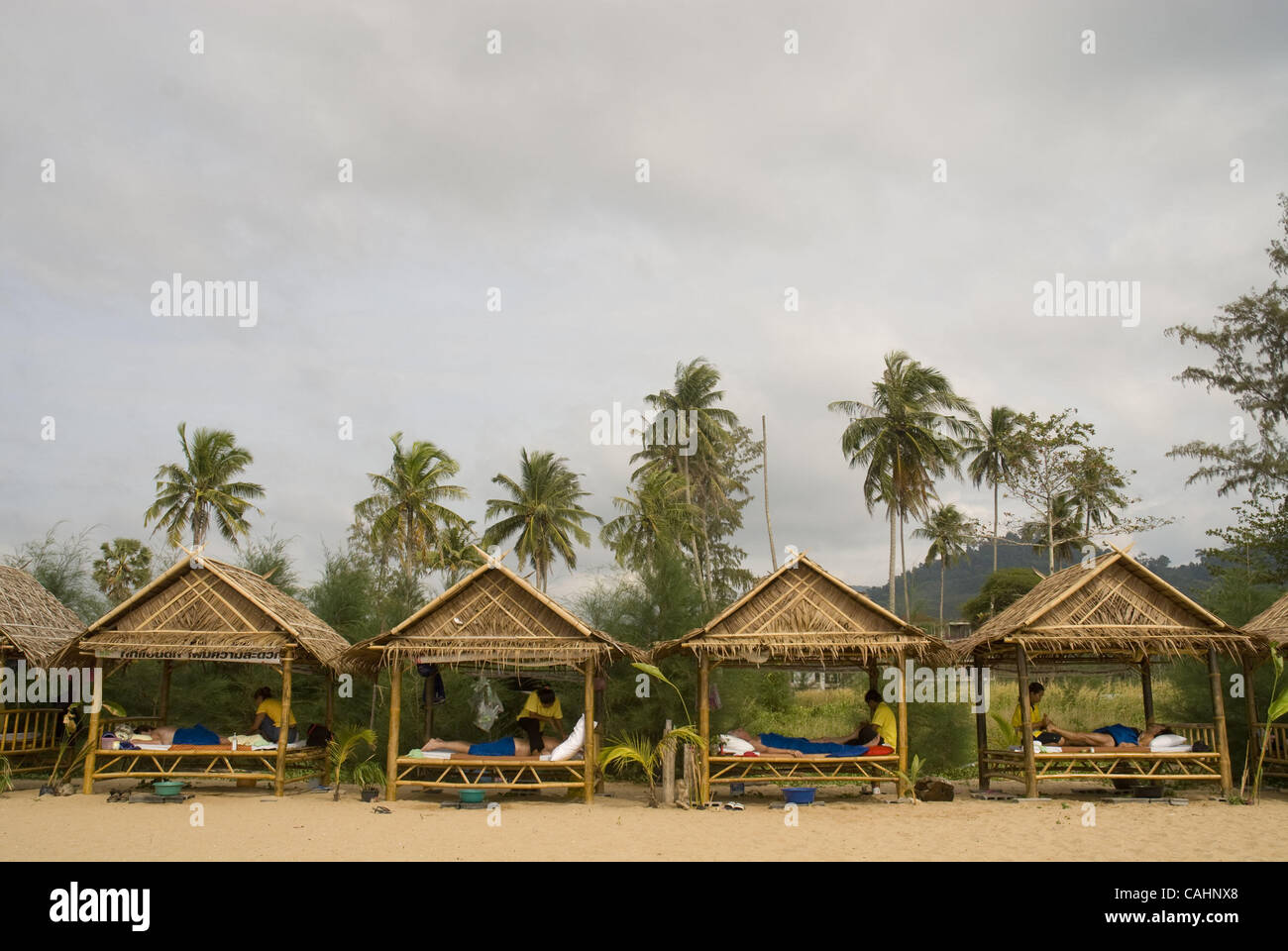 Beach huts offering Thai massage. Bang Nieow Beach, near Khao Lak ...