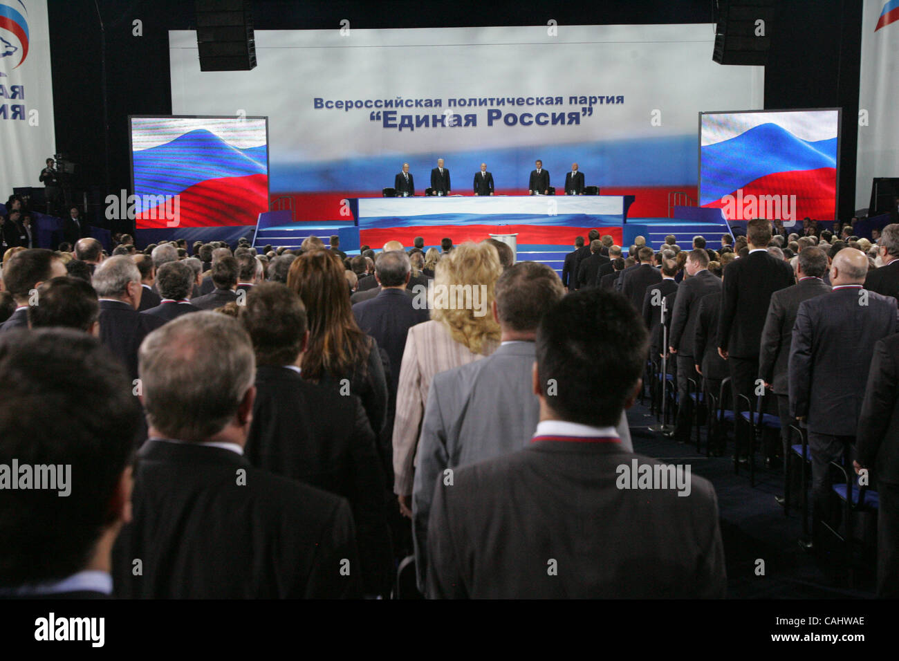 United Russia Party congress in Moscow.  United Russia congress that almost unanimously elected Medvedev as the party`s candidate for the presidential election. In a rare show of disunity in the pro-Putin party, a single delegate opposed Medvedev in the 478-1 vote. The identity of the dissenter was  Stock Photo