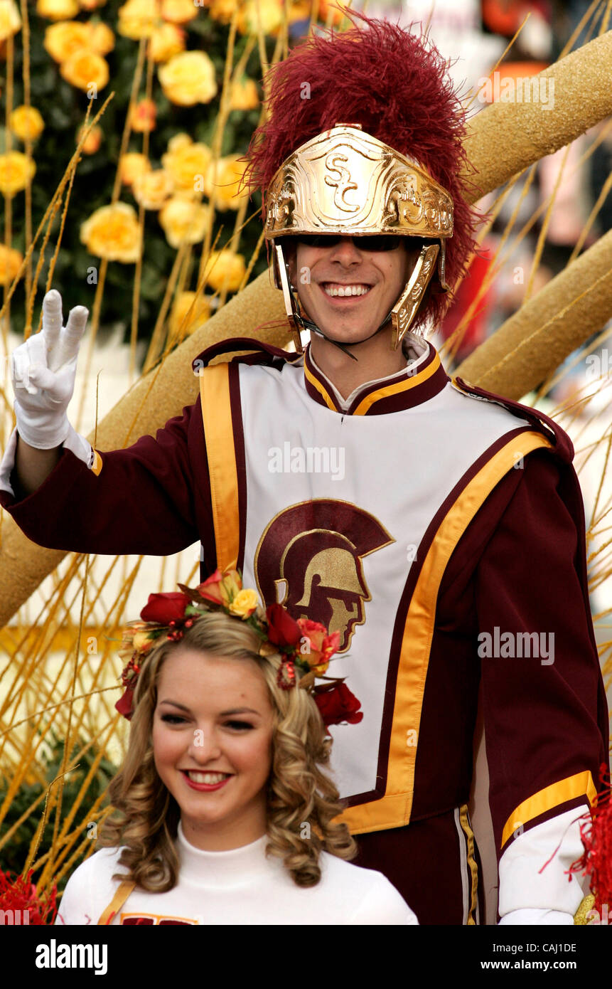 Jan 01, 2008 - Pasadena, CA, USA -  USC mascot Tommy Trojan and a USC cheerleader ride a float down Colorado Blvd during the 2008 Tournament of Roses Parade on New Years Day. It is the 119th Rose Parade in Pasadena, California.  Photo by Jonathan Alcorn/ZUMA Press. © Copyright 2007 by Jonathan Alcor Stock Photo