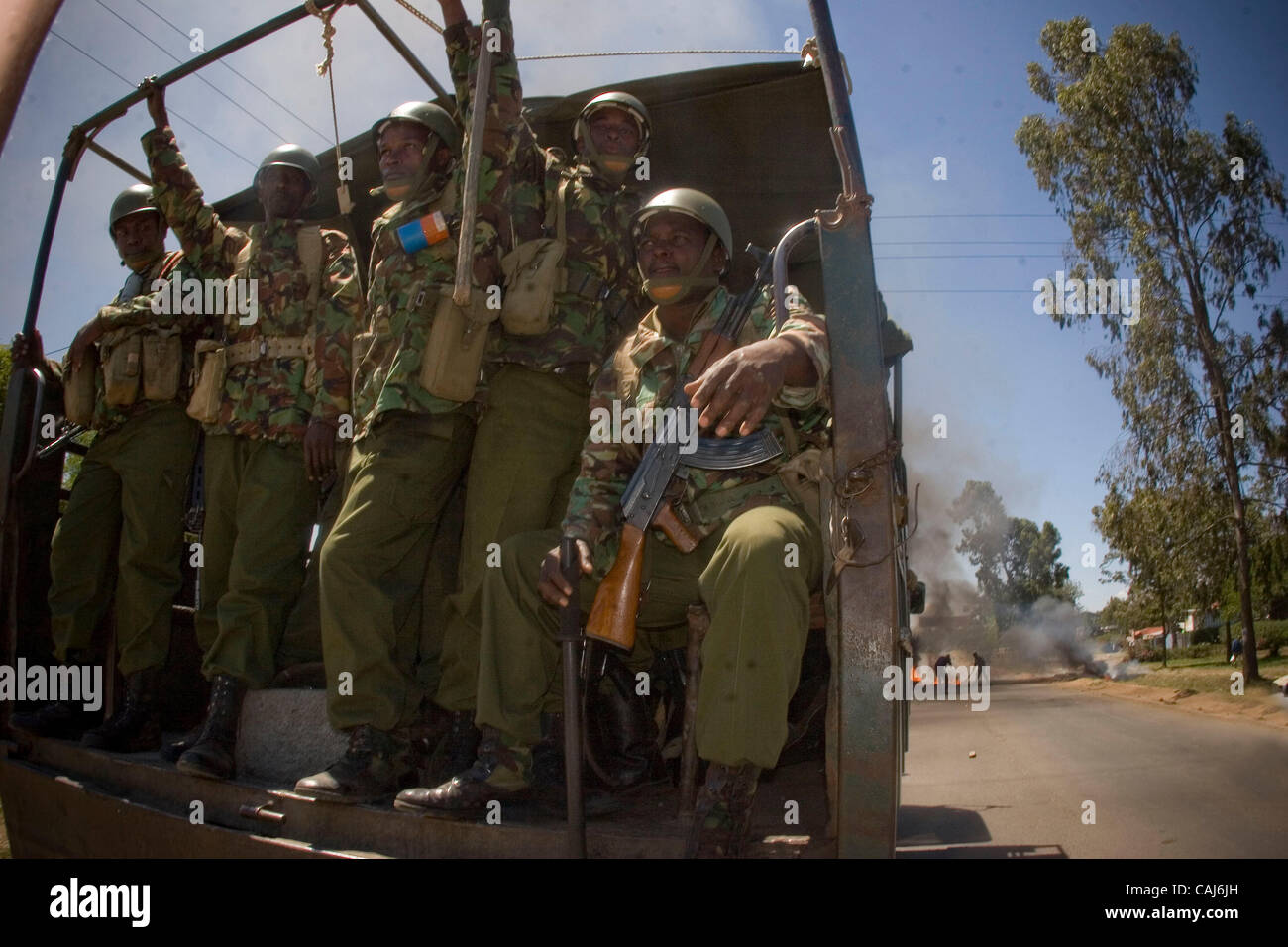 On new years eve violence rocked the nations capital, with demonstrators causing Havoc country – wide. With casualties topping 400, the military has been set up around the city to deter the supports of Kenyas opposition movement ODM [ The Orange Democratic Movement ] Over a quarter of a million peop Stock Photo