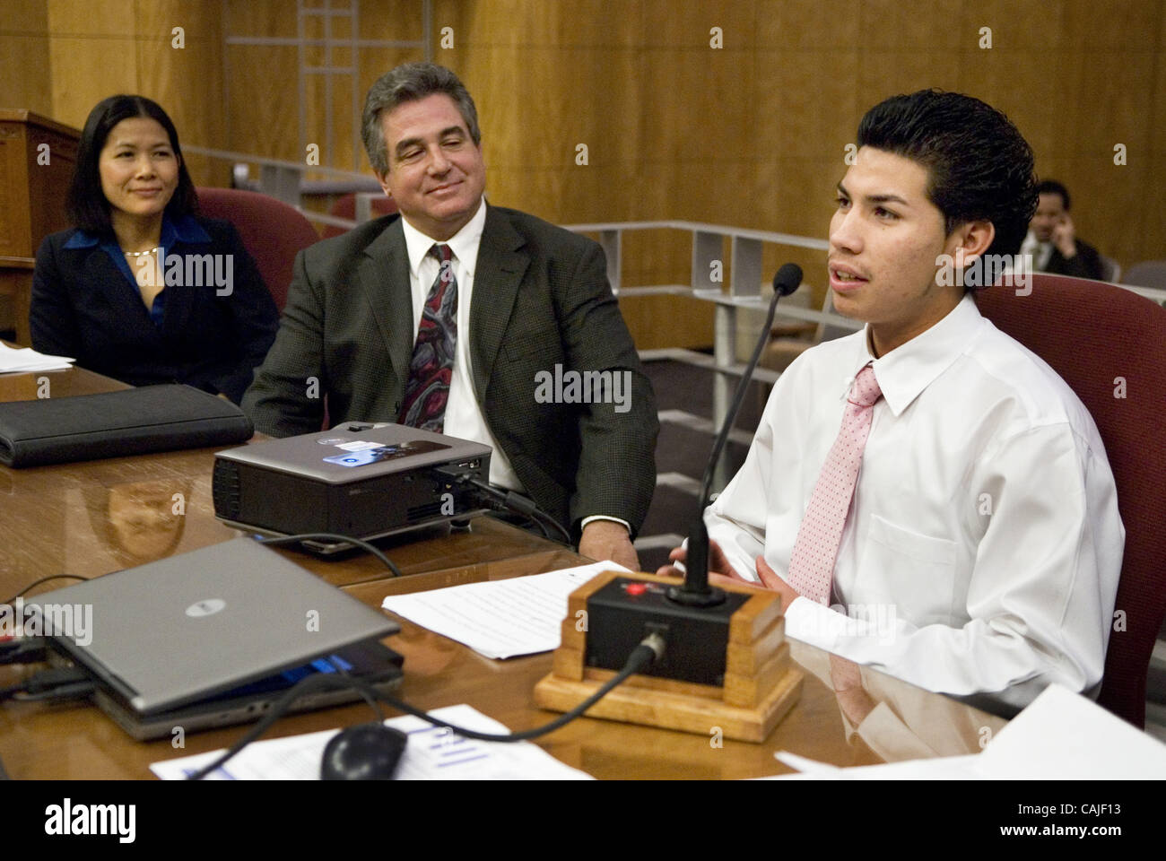 Valley High School junior Moises Escoto, 16, speaks during an informational meeting on preventing dropouts within California High Schools held by the Senate Select Committee on High School Graduation at the capitol December 13, 2007.  He is a success story at the school, which has been designated a  Stock Photo