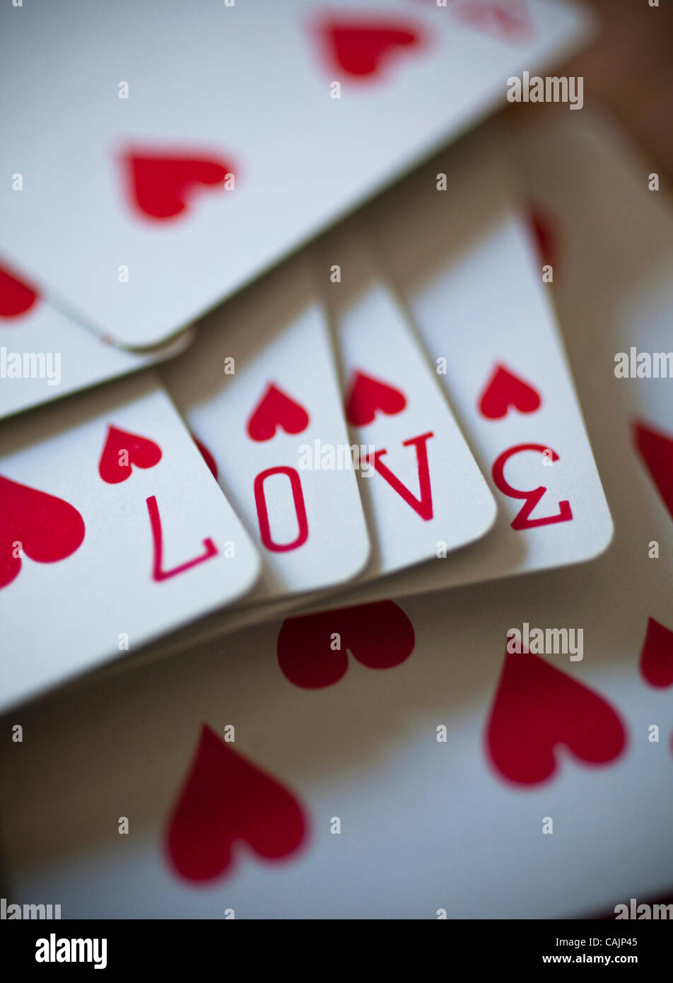 Jan. 12, 2011 - Fort Worth, Texas, U.S. - A suite of hearts from a playing card deck spells out the word LOVE. (Credit Image: © ZUMA Ralph Lauer/ZUMAPRESS.com) Stock Photo