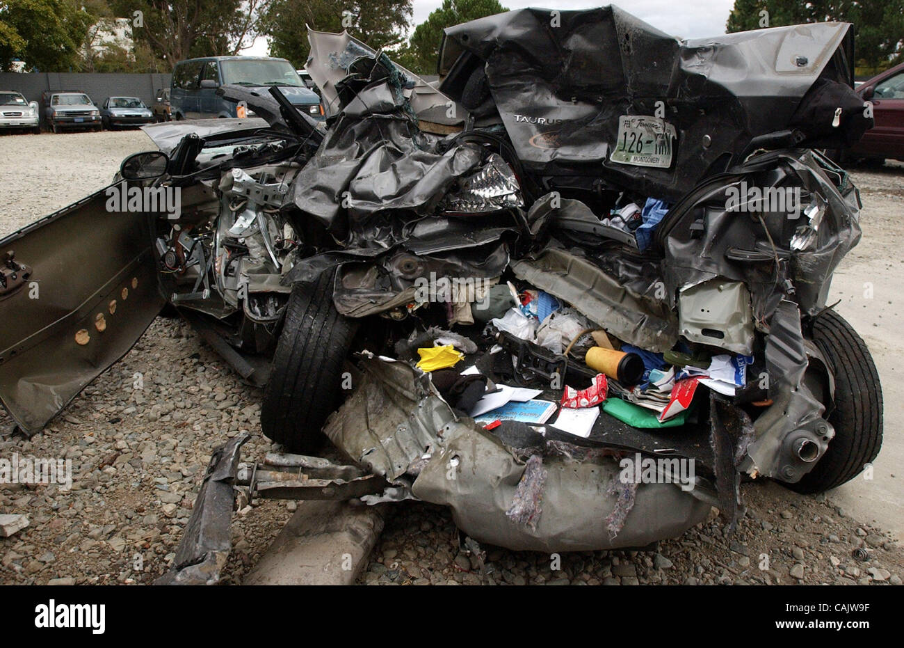 What remains of a Ford Taurus in which a 14-year-old Rachel Vargas of San Leandro was killed on Interstate 680 early Friday morning is stored in an R. Lance & Sons tow yard in Livermore, Calif., later in the day on Friday, Sept. 28, 2007.  This is the rear of the car. Vargas was one of five people i Stock Photo