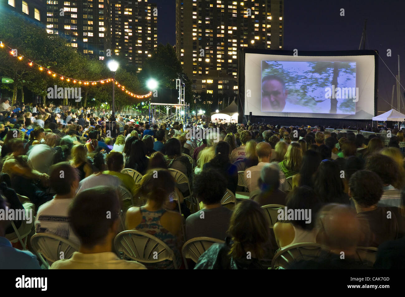 World Financial Center New York City Battery Park Tropfest short film  festival movies by independent filmmakers under the stars warm autumn  evening lower Manhattan audience viewing various 7 minute films projected  onto