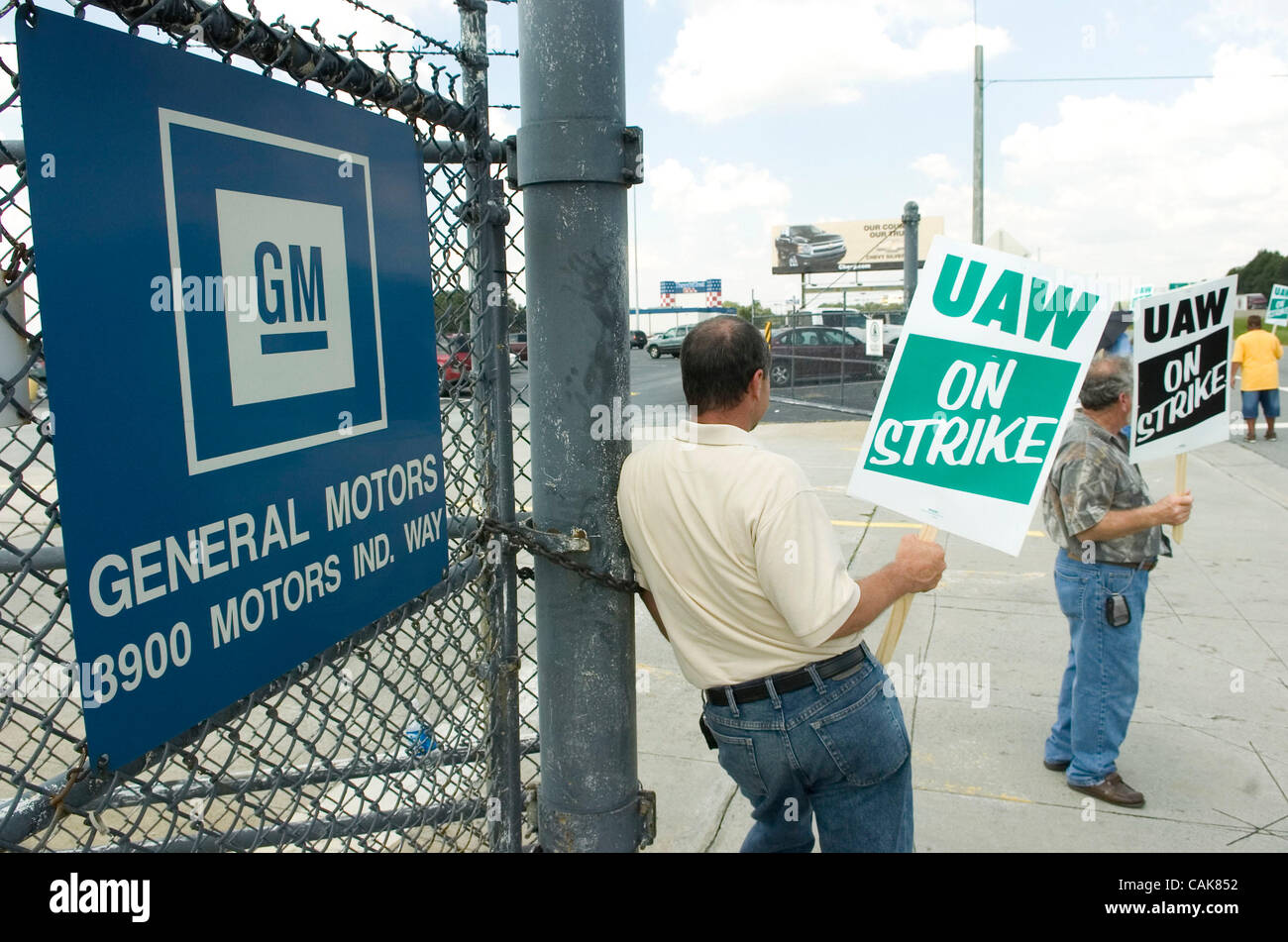 Joe Hodges, 51, holds up his UAW strike signs outside the GM Doraville Assembly Plant in Doraville, Georgia on Monday, September 24, 2007.  The plant, which is slated for closure, manufactures minivans. Hodges walked out of the plant after the strike deadline passed. Stock Photo