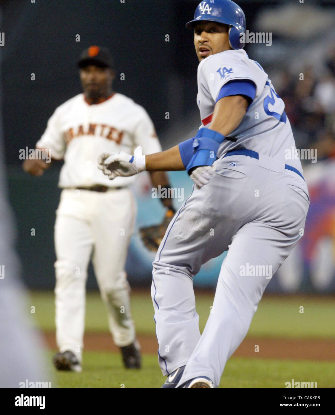 Los Angeles Dodgers Matt Kemp is rundown between first and second bases by the San Francisco Giants during the first inning at AT&T Park in San Francisco, Calif., on Friday  Sep. 7, 2007. (Ray Chavez/The Oakland Tribune) Stock Photo