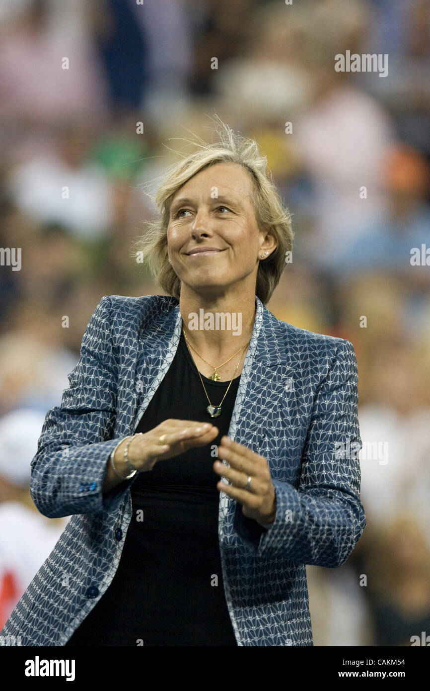 Martina Navratilova waves to the crowd during  the women's final at the 2007 US Open Tennis Championships. Stock Photo