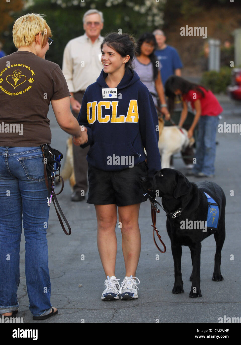 Jessica Weiss shakes hands with volunteer Breanne Harris (left) while walking Carlisle during a training drill at Dogs 4 Diabetics in Concord, Calif. on Tuesday, September 11, 2007.  (Dean Coppola/Contra Costa Times) Stock Photo