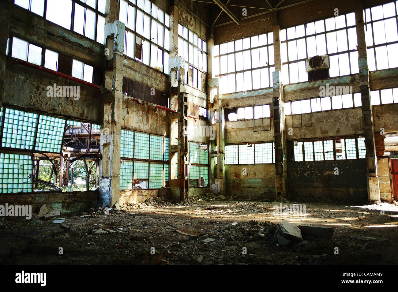 An emptied building on the civilian factory side of the Soviet 'Progress' bioweapons facility in Stepnogorsk Kazakhstan September 4, 2007. Progress was once the world's largest biological warfare development and production facility. A secret city during the Cold War, the town of Stepnogorsk was not  Stock Photo