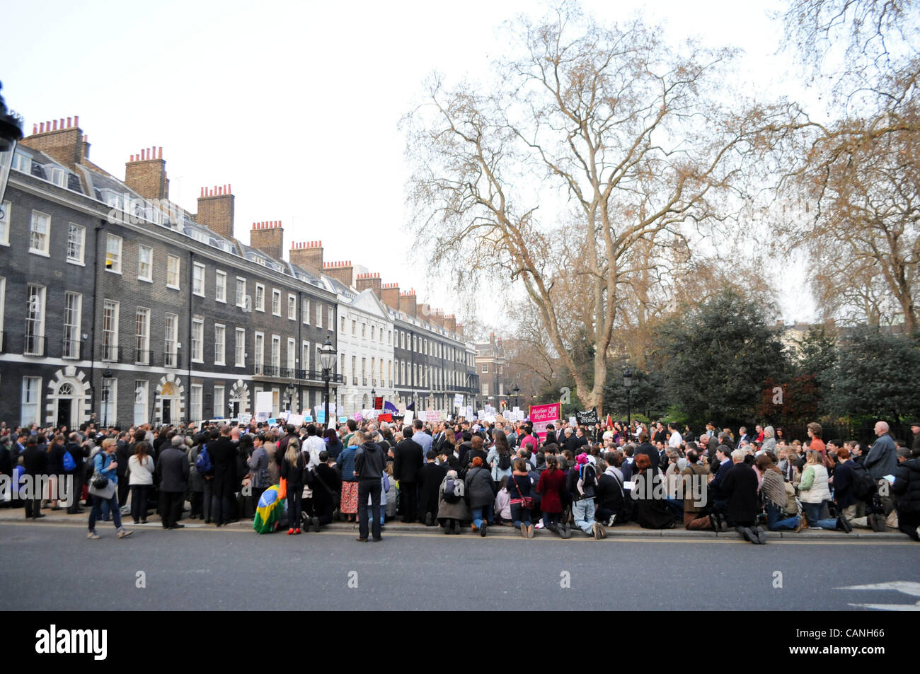 London, UK. 30/03/12. Christian Pro-Life and Anti-Abortion campaigners held prayers and protests outside the British Pregnancy Advisory Service in Bedford Square. Pro-Choice campaigners held a counter demonstration nearby. Stock Photo