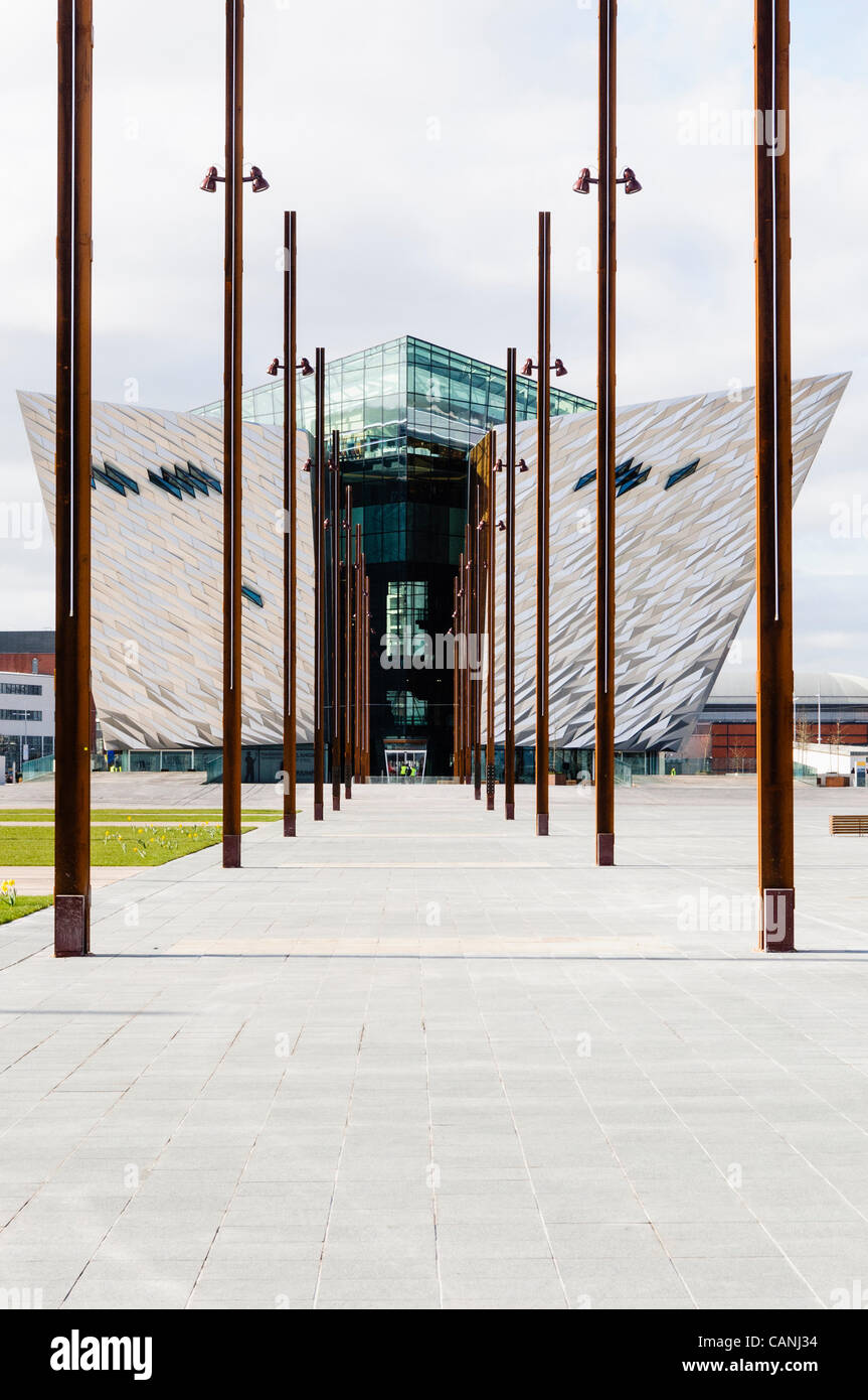 Titanic Signature Building in Belfast viewed from the slipways on which Titanic and Olympic were built. Stock Photo