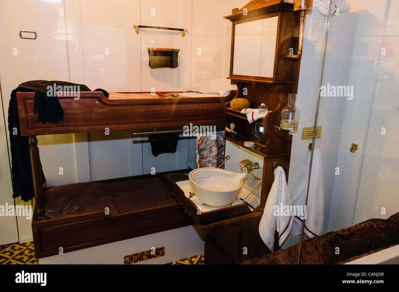 Replica of a second class cabin on board Titanic, at the Titanic Signature Building visitors centre in Belfast Stock Photo