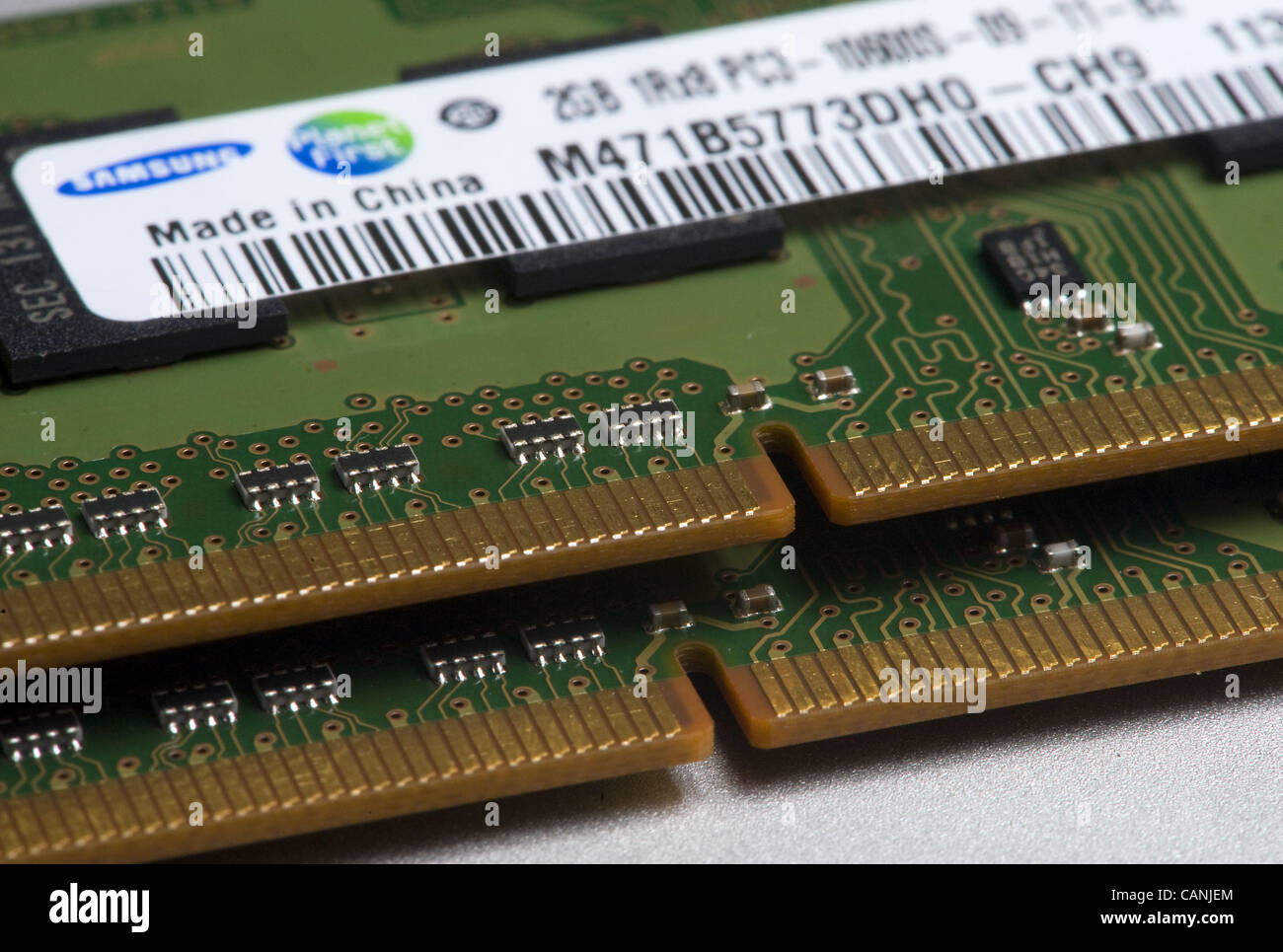 March 31, 2012 - Whitmore Lake, Michigan, U.S - Four gigabytes DDR3 RAM with gold connectors, made in China. (Credit Image: © Mark Bialek/ZUMAPRESS.com) Stock Photo