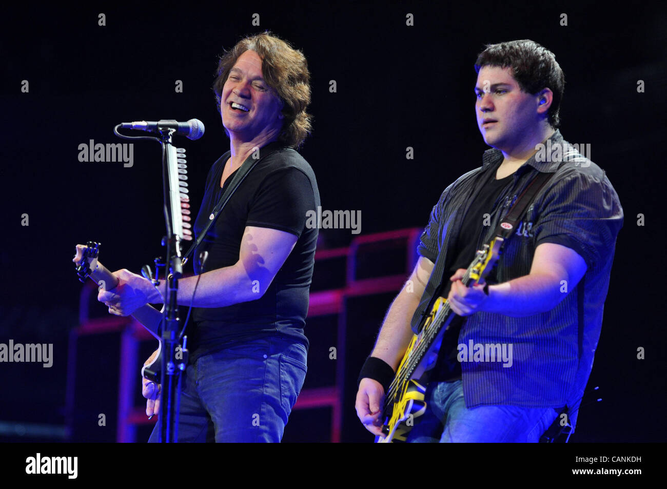 March 27, 2012 - Washington, District of Columbia, U.S. - EDDIE VAN HALEN and WOLFGANG VAN HALEN, right, of the rock band Van Halen perform on stage during their 'Different Kind of Truth' Tour to the Verizon Center. (Credit Image: © Tina Fultz/ZUMAPRESS.com) Stock Photo