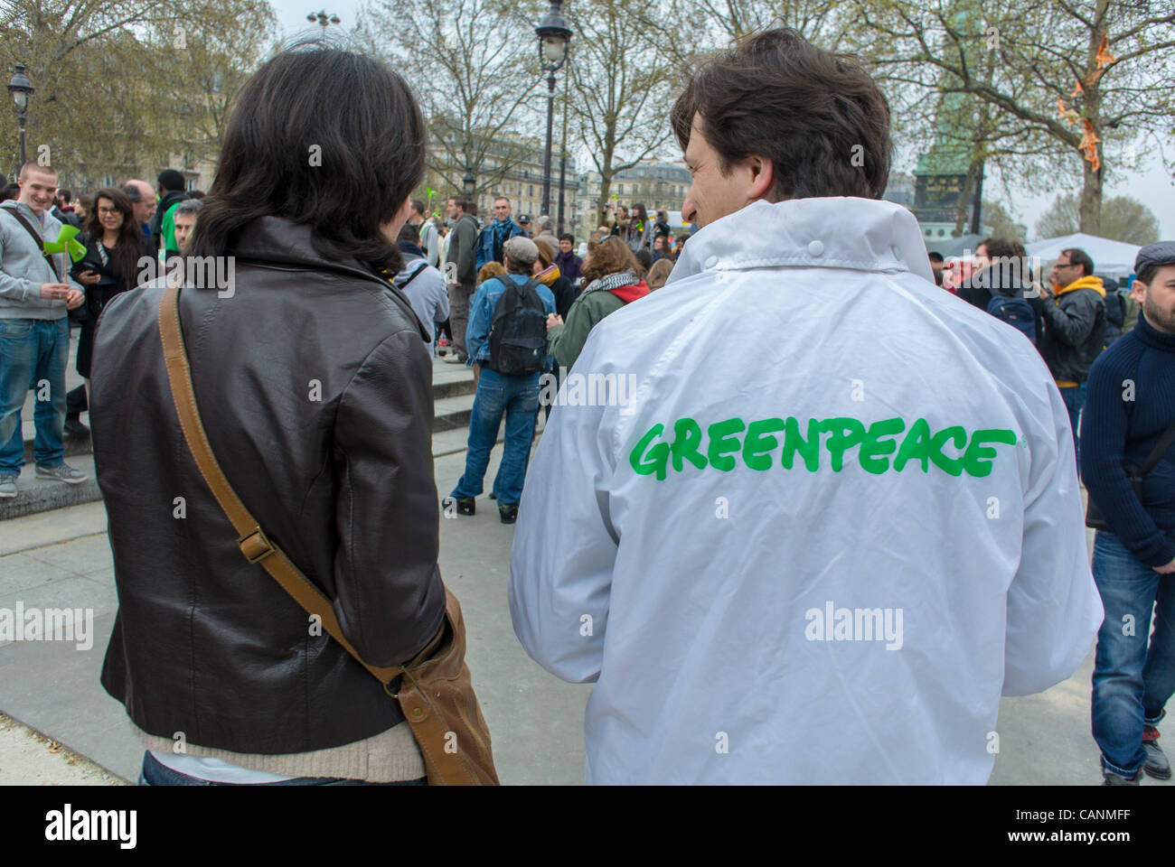 Paris, France, Environment Awareness Public Event, 'Liberons les Elections', during French Presidential Elections, Greenpeace Activist Distributing Wind Mill Fans, global problem Stock Photo