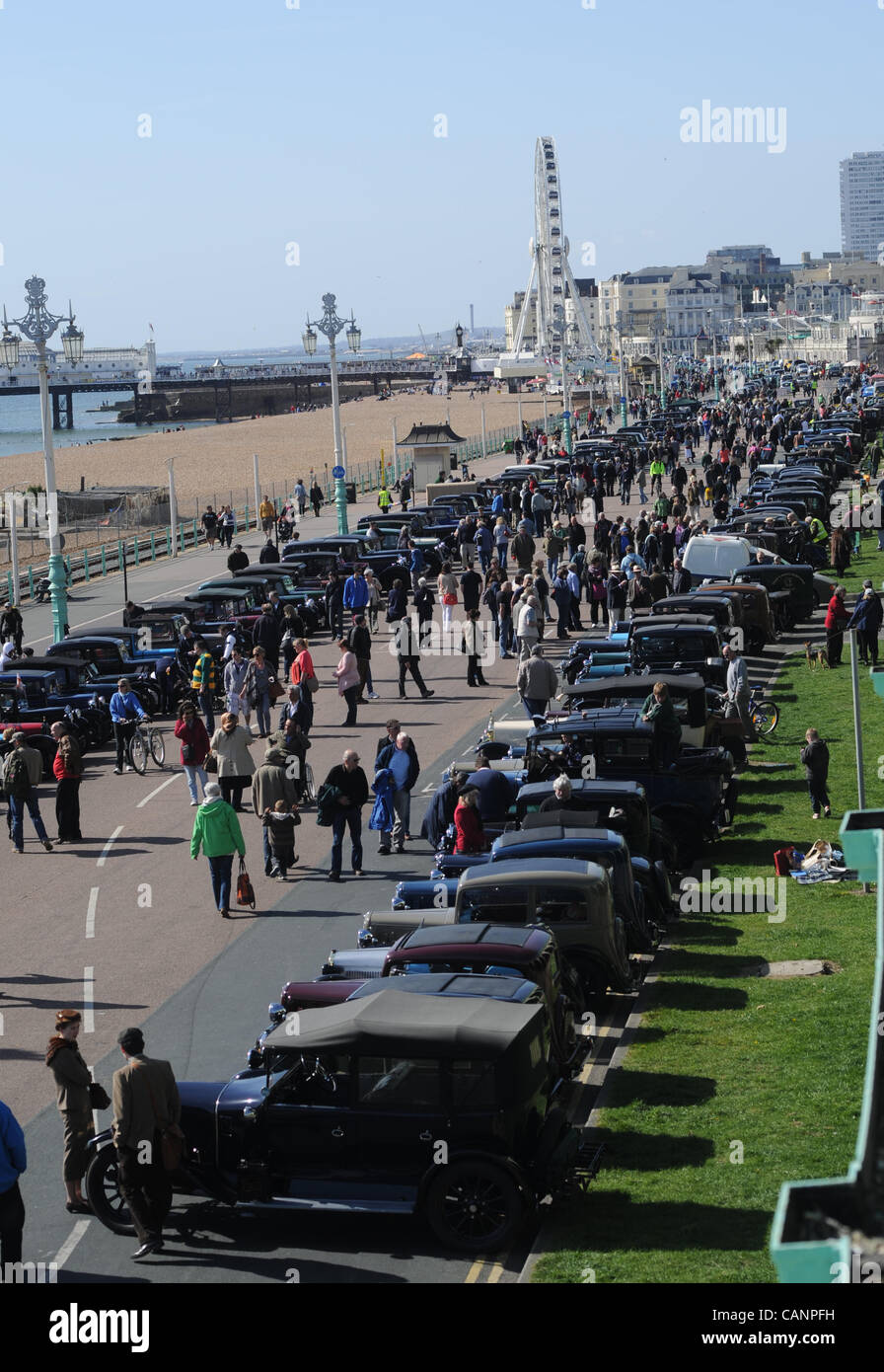 Brighton, UK. 1 April, 2012. Owners take part in the Austin 7 Car Run which finished on Brighton seafront today Stock Photo