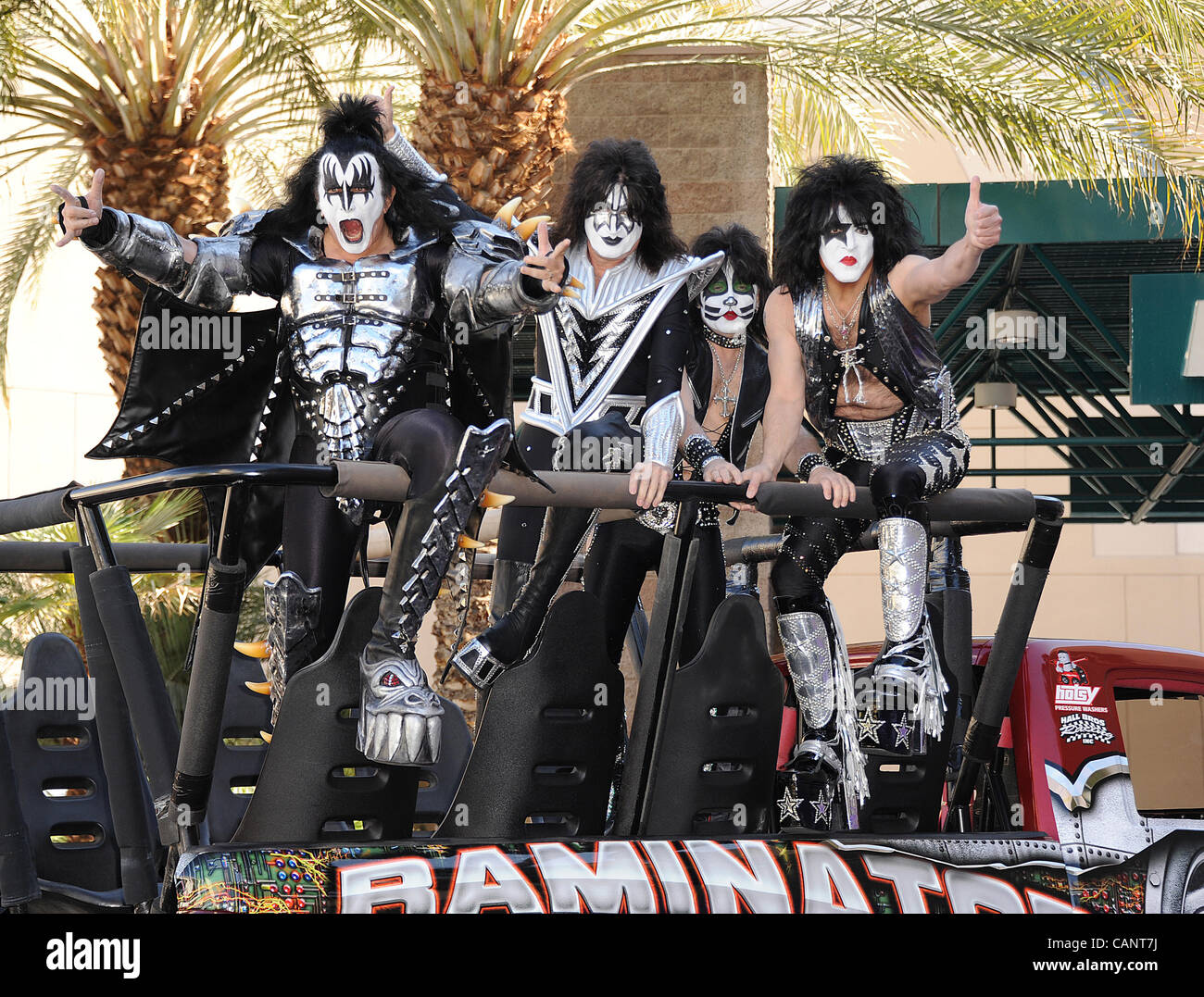 Apr. 1, 2012 - Las Vegas, Nevada; USA - Musicians GENE SIMMONS, ERIC SINGER, TOMMY THAYER and PAUL STANLEY of the band KISS arrives on the red carpet at the 47th Annual Academy of Country Music Awards that is taking place at the MGM Grand Hotel & Casino Grand Garden Arena located in Las Vegas.  Copy Stock Photo