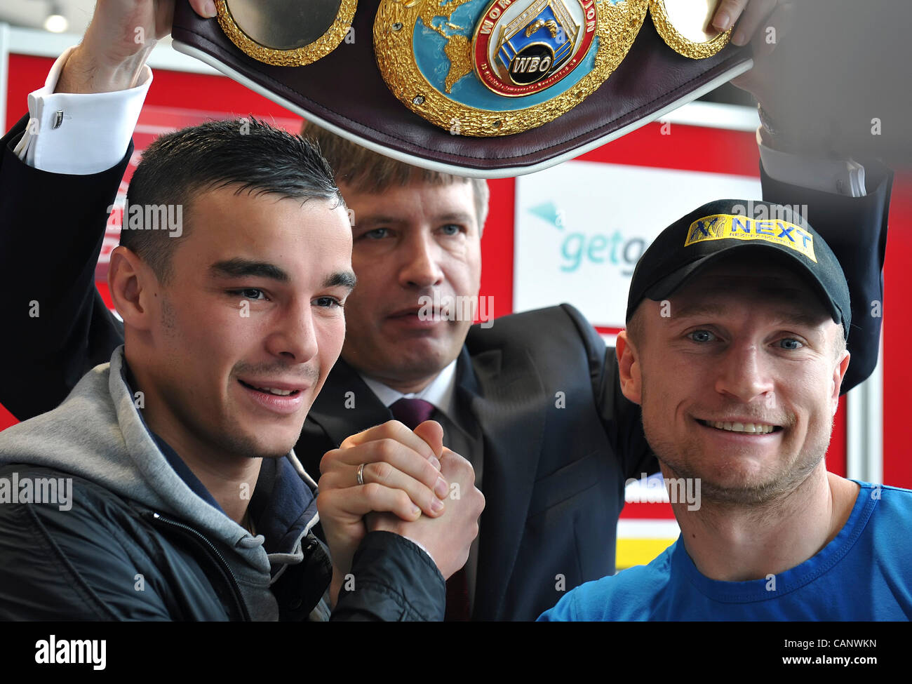 Boxers Lukas Konecny from the Czech Republic (right) and Salim Labria (FRA) ahead of Interim WBO Jr. Middleweight Championship Title Bou during press conference in Brno, Czech Republic on March 2, 2012. (CTK Photo/Igor Sefr) Stock Photo