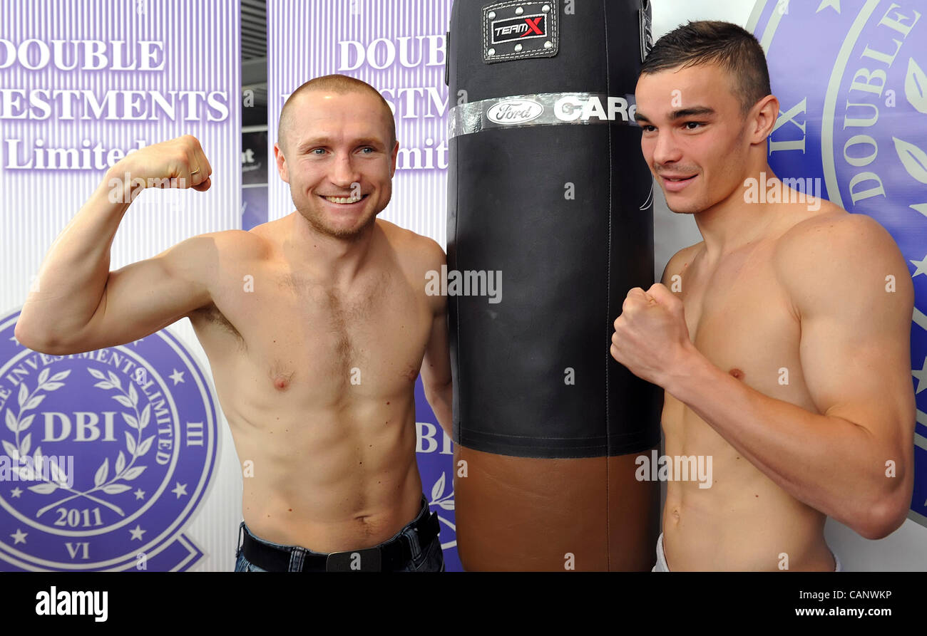 Boxers Lukas Konecny from the Czech Republic (left) and Salim Labria (FRA) ahead of Interim WBO Jr. Middleweight Championship Title Bou during press conference in Brno, Czech Republic on March 2, 2012. (CTK Photo/Igor Sefr) Stock Photo