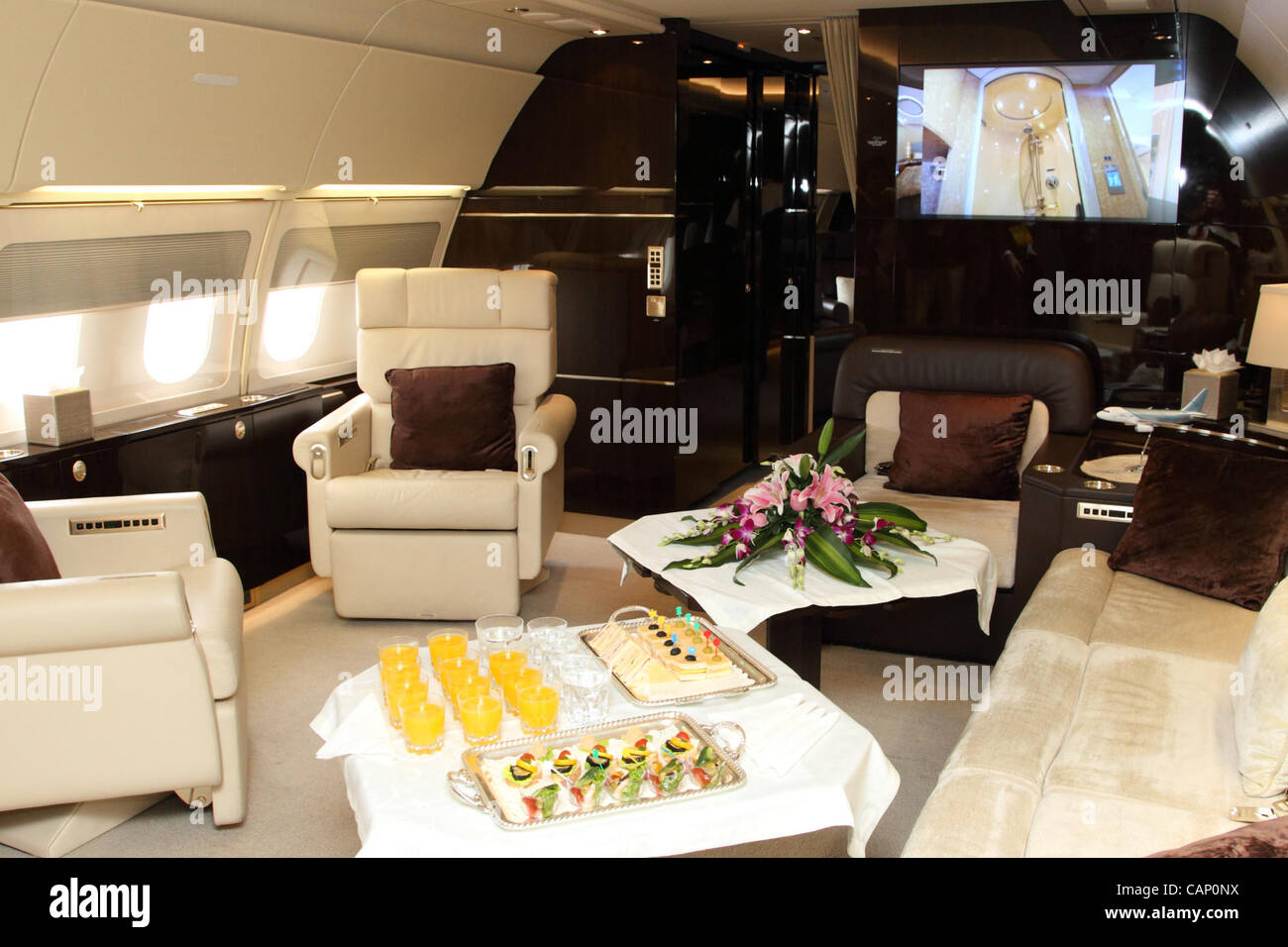 March 30, 2012, Narita, Japan - Interior of Airbus ACJ318 business jet ...