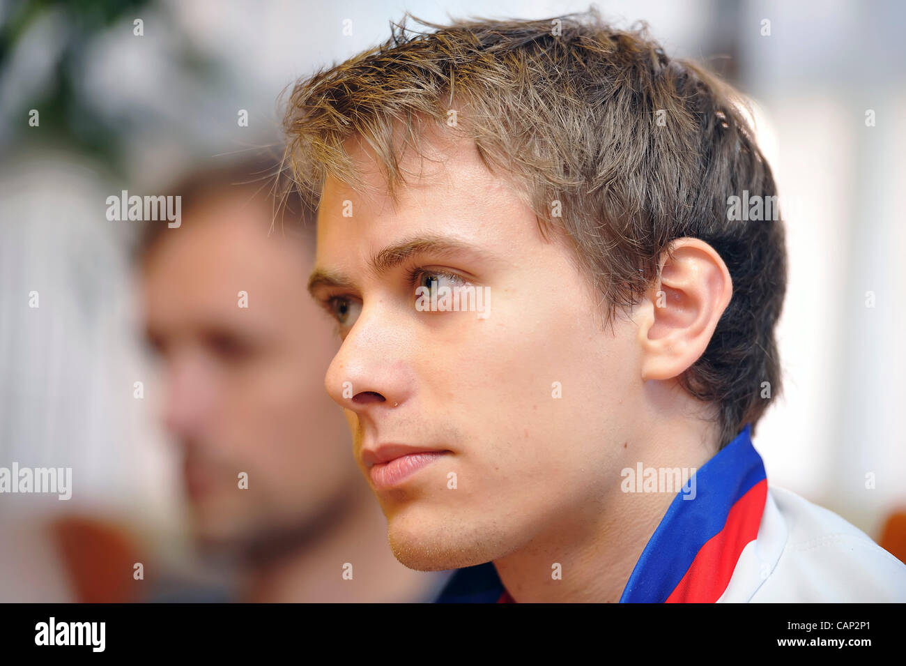 Czech figure skater Michal Brezina speaks during press conference in Prague, Czech Republic on April 3, 2012 after his arrival from the Ice skating World Cup. (CTK Photo/Igor Sefr) Stock Photo
