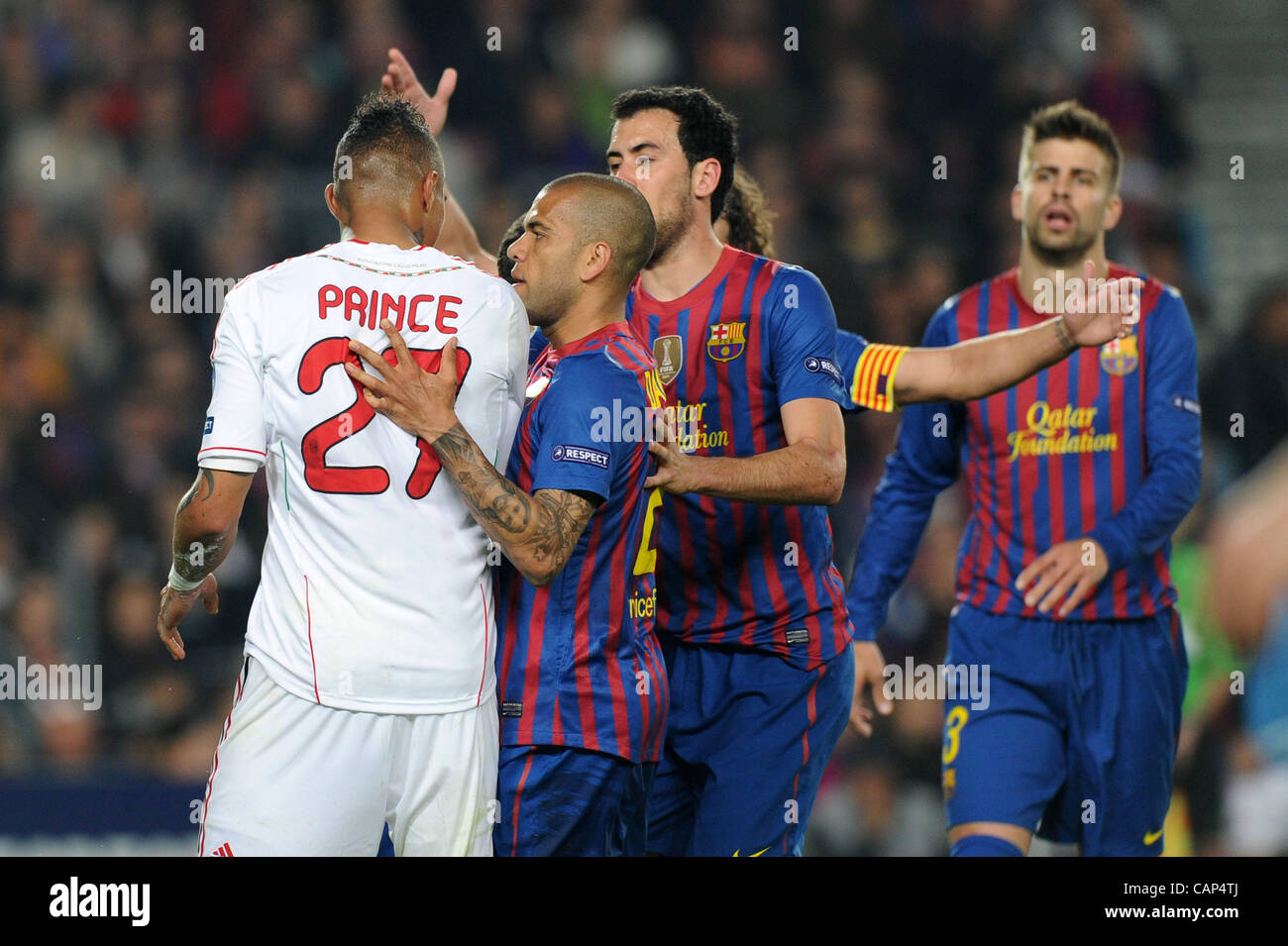 Kevin-Prince Boateng (Milan), Daniel Alves (Barcelona), APRIL 3, 2012 - Football / Soccer : UEFA Champions League Quarter-final 2nd leg match between FC Barcelona 3-1 AC Milan at Camp Nou stadium in Barcelona, Spain. (Photo by Maurizio Borsari/AFLO) [0855] Stock Photo